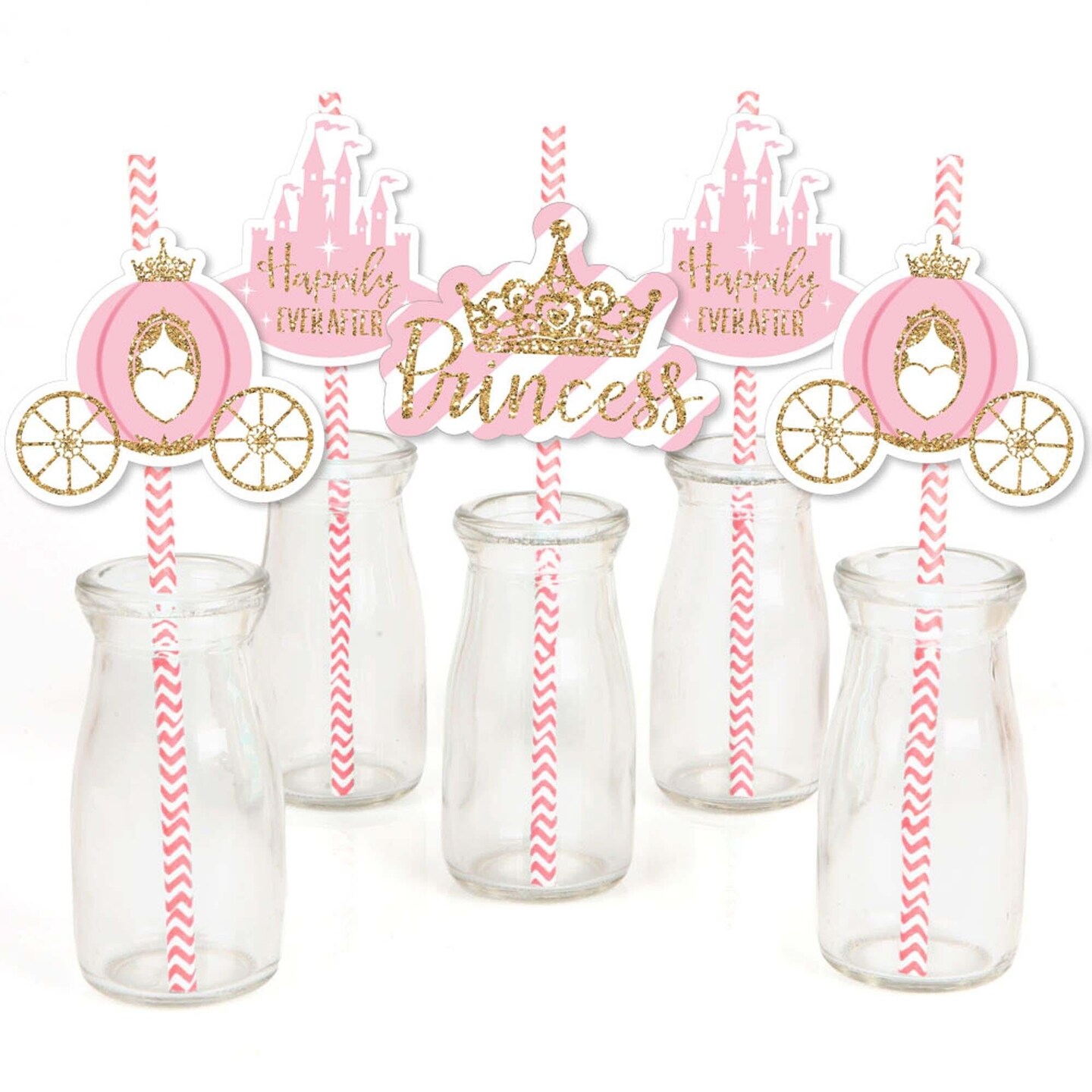 Big Dot of Happiness Little Princess Crown - Paper Straw Decor - Pink &#x26; Gold Baby Shower or Birthday Party Striped Decorative Straws - Set of 24