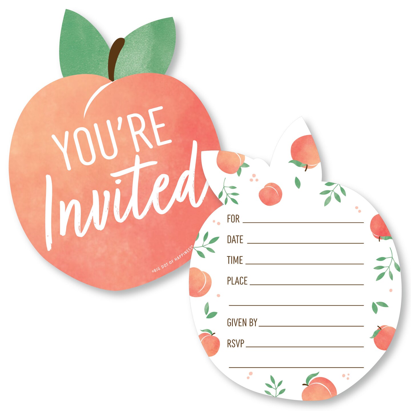 Big Dot of Happiness Sweet as a Peach - Shaped Fill-In Invitations - Fruit Themed Baby Shower or Birthday Party Invitation Cards with Envelopes 12 Ct