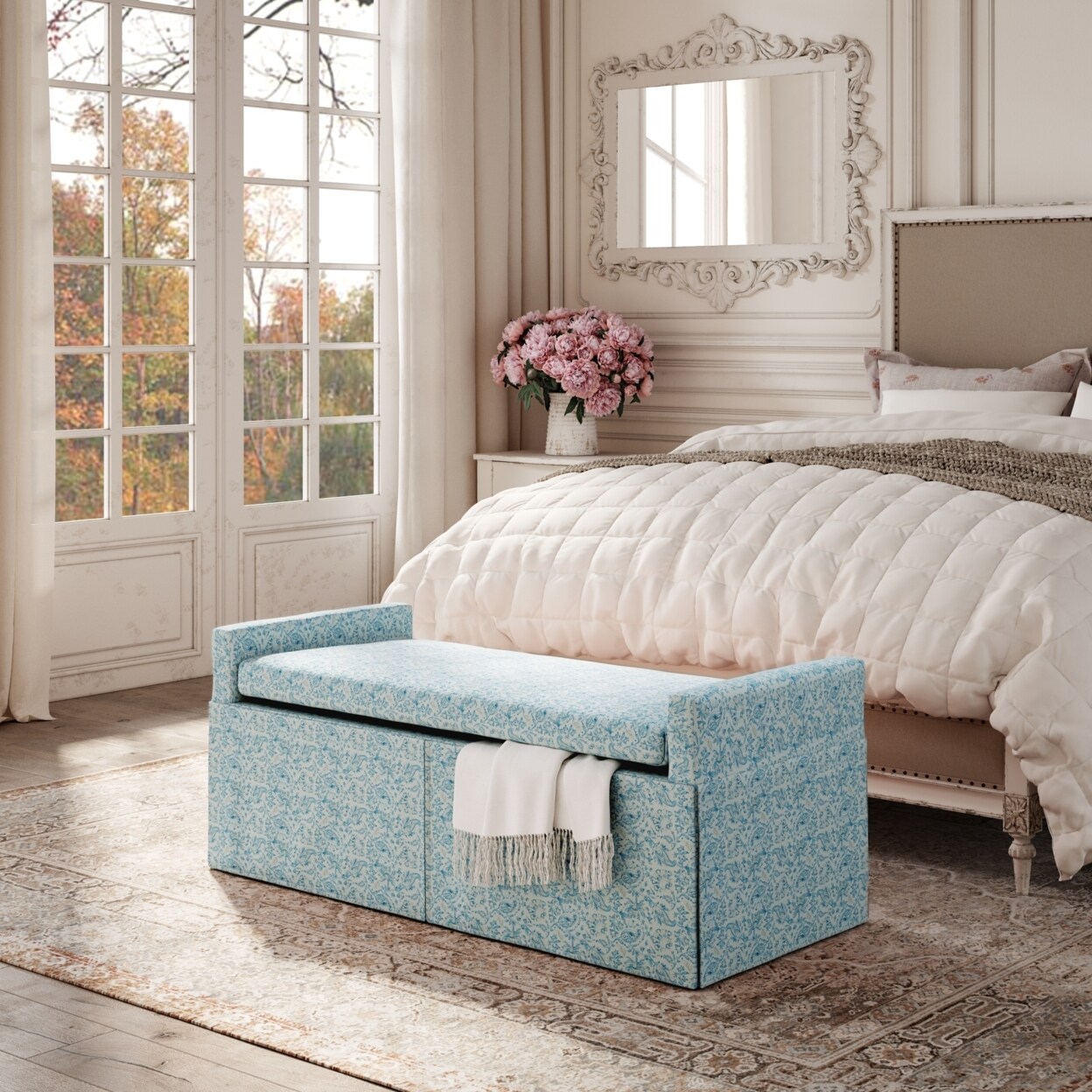 Rustic Manor Xitlali Bench-Upholstered-Square Arms-Hinged Lid