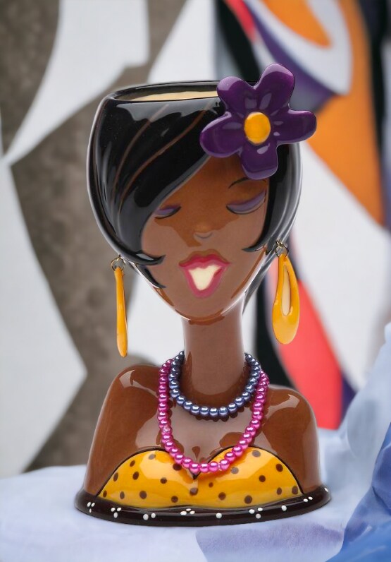 Ceramic African American Glam Girl Makeup Brush Holder, Home D&#xE9;cor, Gift for Her, Mom, Friend, or Coworker, Vanity D&#xE9;cor