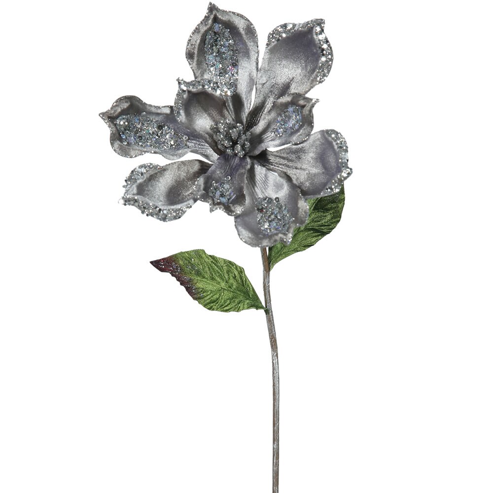 3PK - 22" Pewter Velvet Magnolia 9" Glitter Flower Decorative Christmas Pick