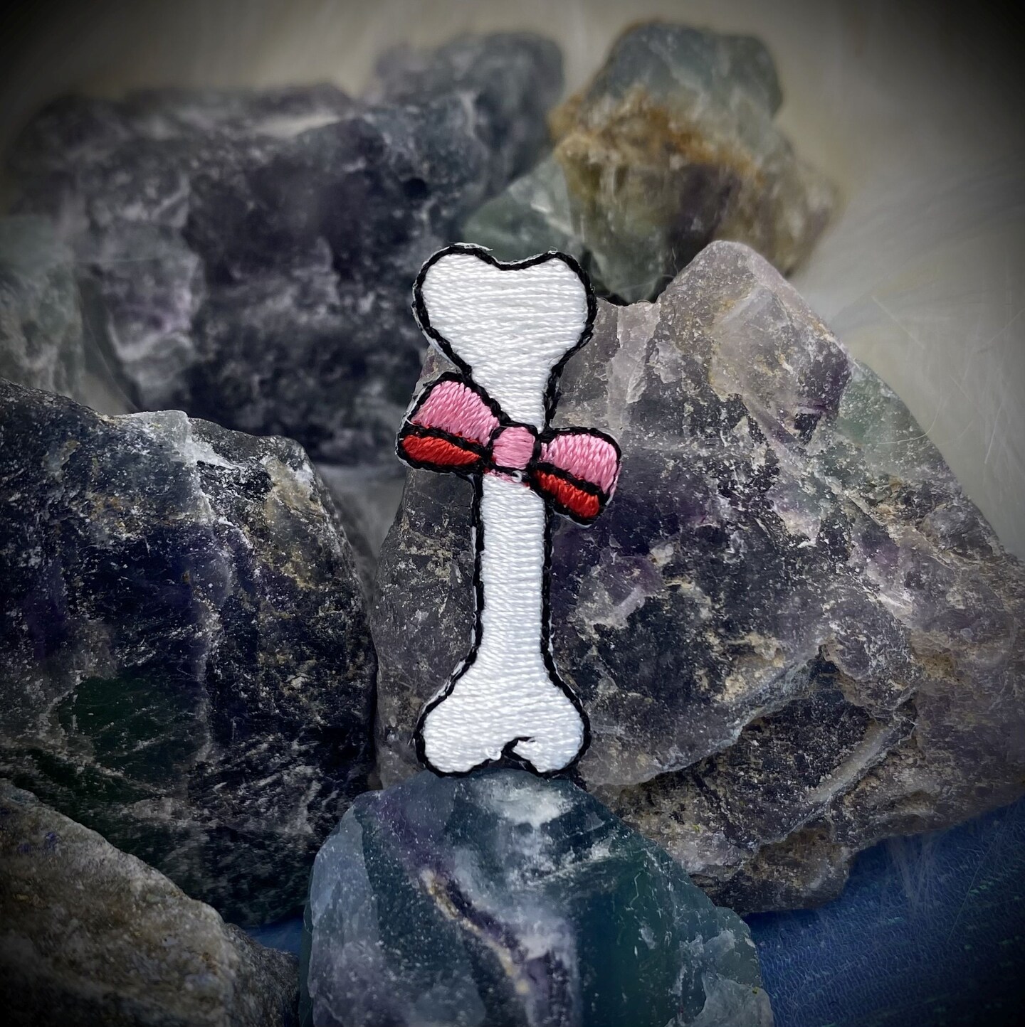 White Bone with Pink Bow, Pet Food, Dog Bones, Embroidered, Iron on Patch