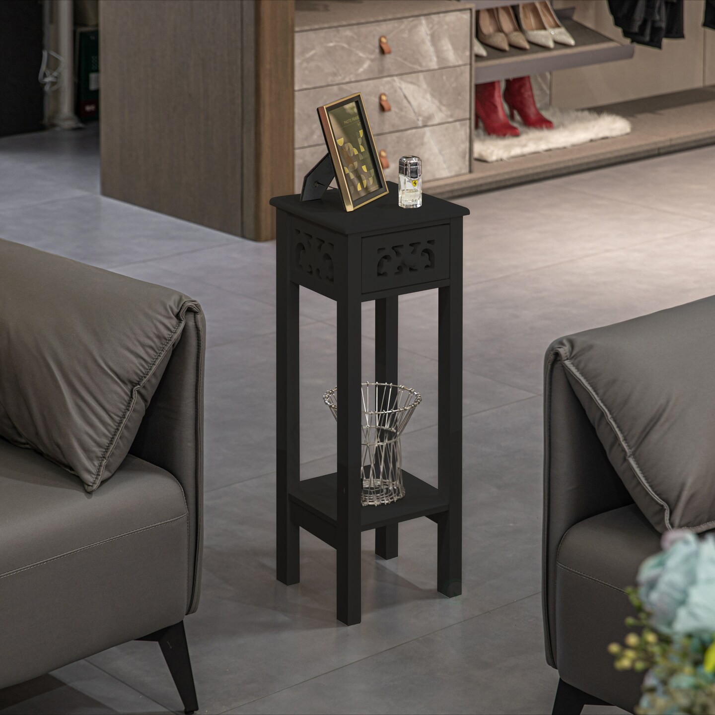 Acacia Wood Slim Bedside Table with Minimalist Design and Space-Saving Functionality, Wood Drawer and Open Shelf Side Table