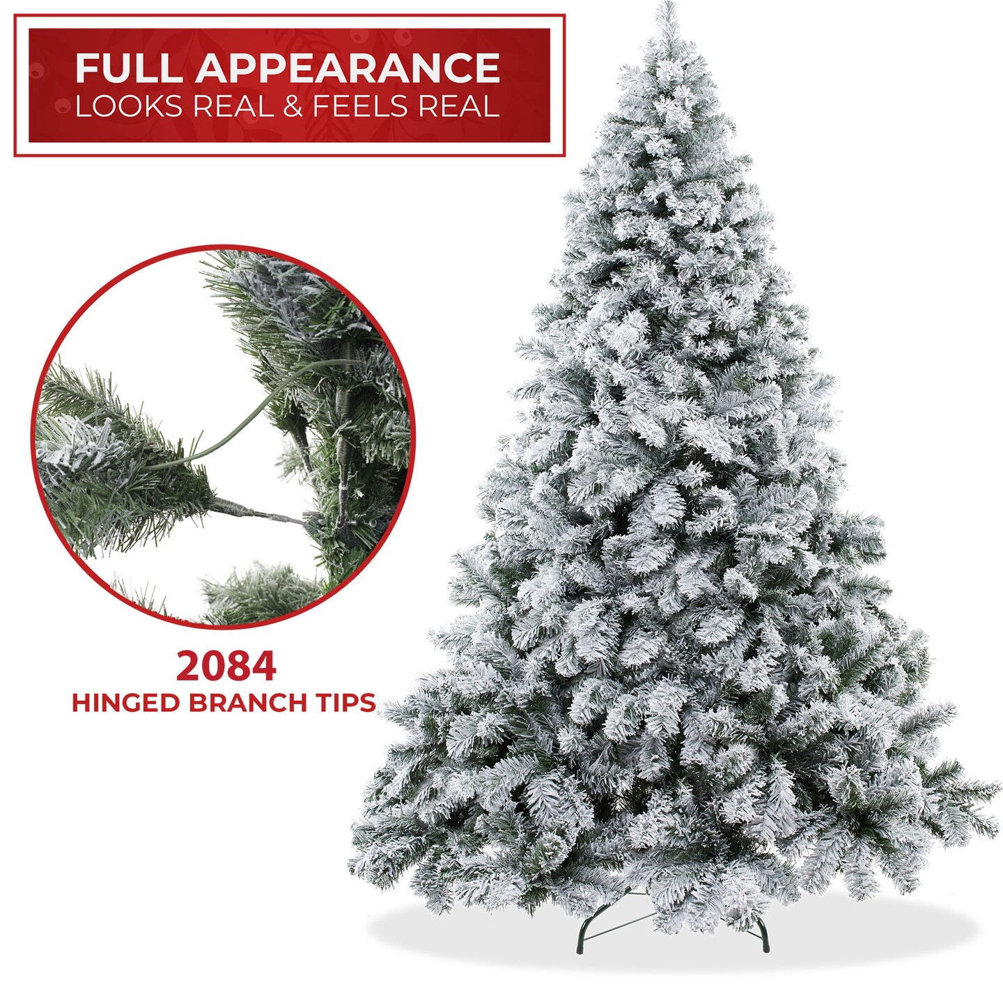 Casafield Realistic Snow-Flocked Pine Artificial Holiday Christmas Tree with Sturdy Metal Stand