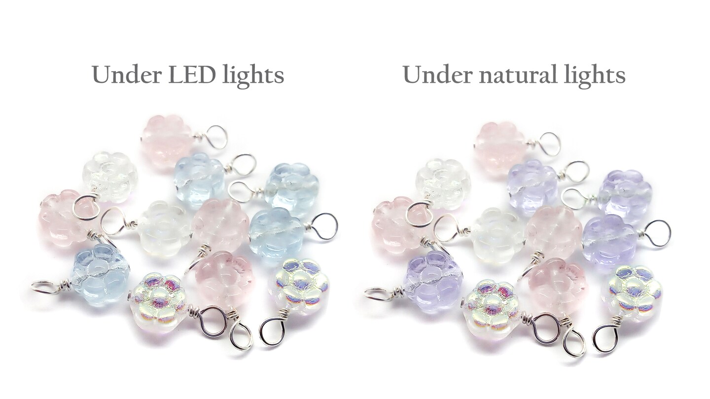 Pastel Flower Dangles, Translucent Pink Purple Blue Glass Bead Charms, 10 pieces, Adorabilities