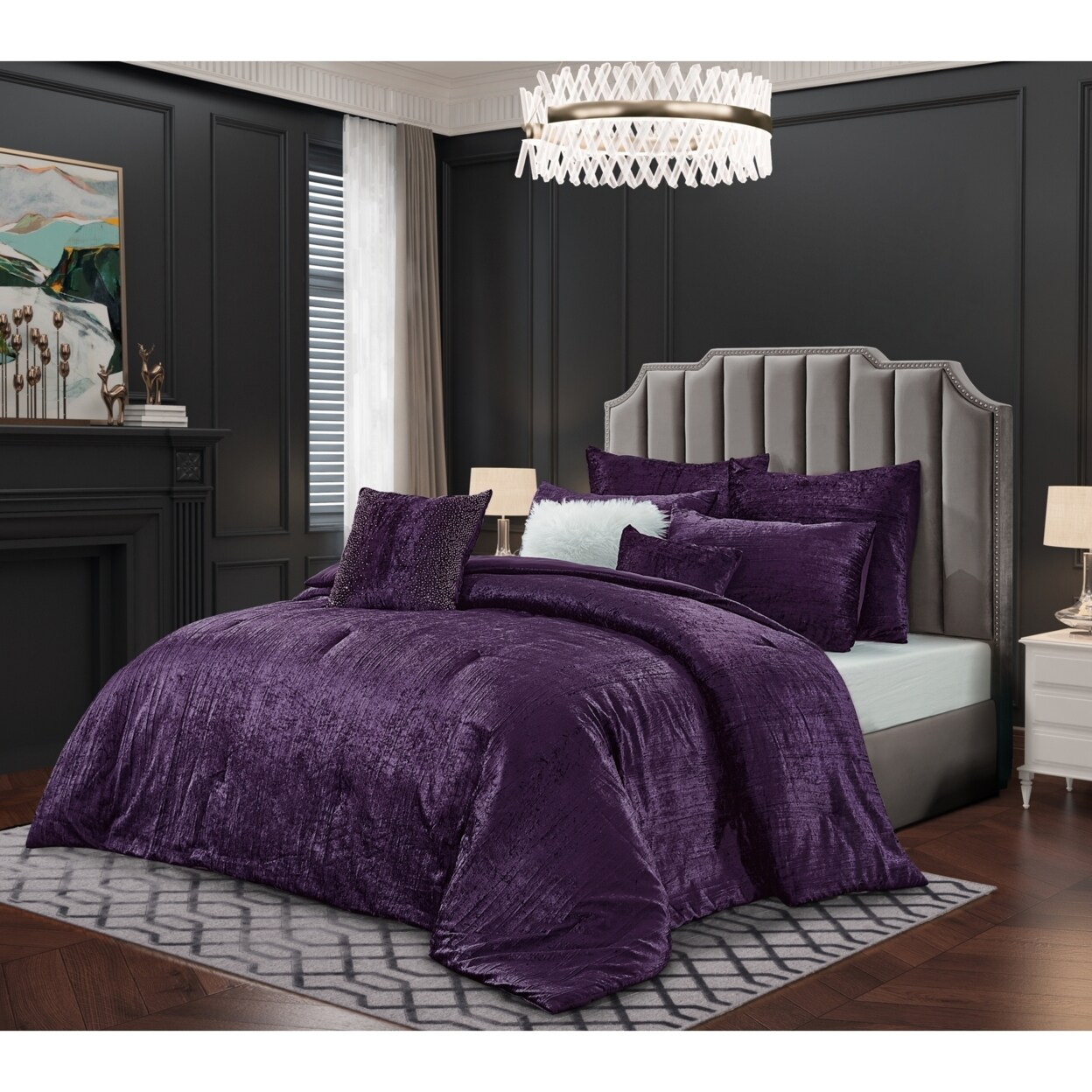 Grace Living Abella 8 Pc Comforter Set -Crinkle Velvet  Soft and Shiny