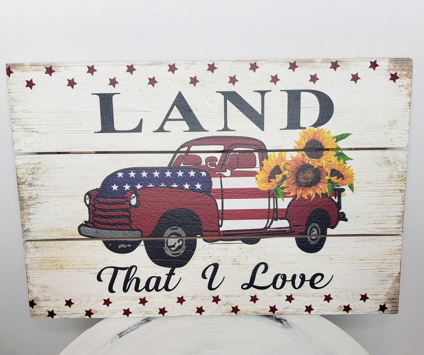 Rustic Americana: 12&#x22;x8&#x22; Wooden Sign with Rope - Land That I Love Truck with Sunflowers-CM2133