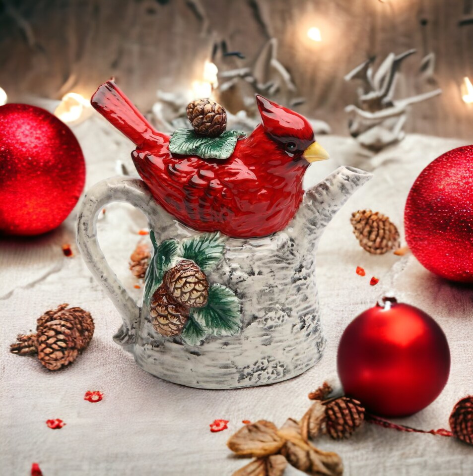 Ceramic Cardinal Bird On Birchtree Teapot, Gift for Her, Gift for Mom, Birdwatcher, Tea Party D&#xE9;cor, Caf&#xE9; D&#xE9;cor, Christmas D&#xE9;cor