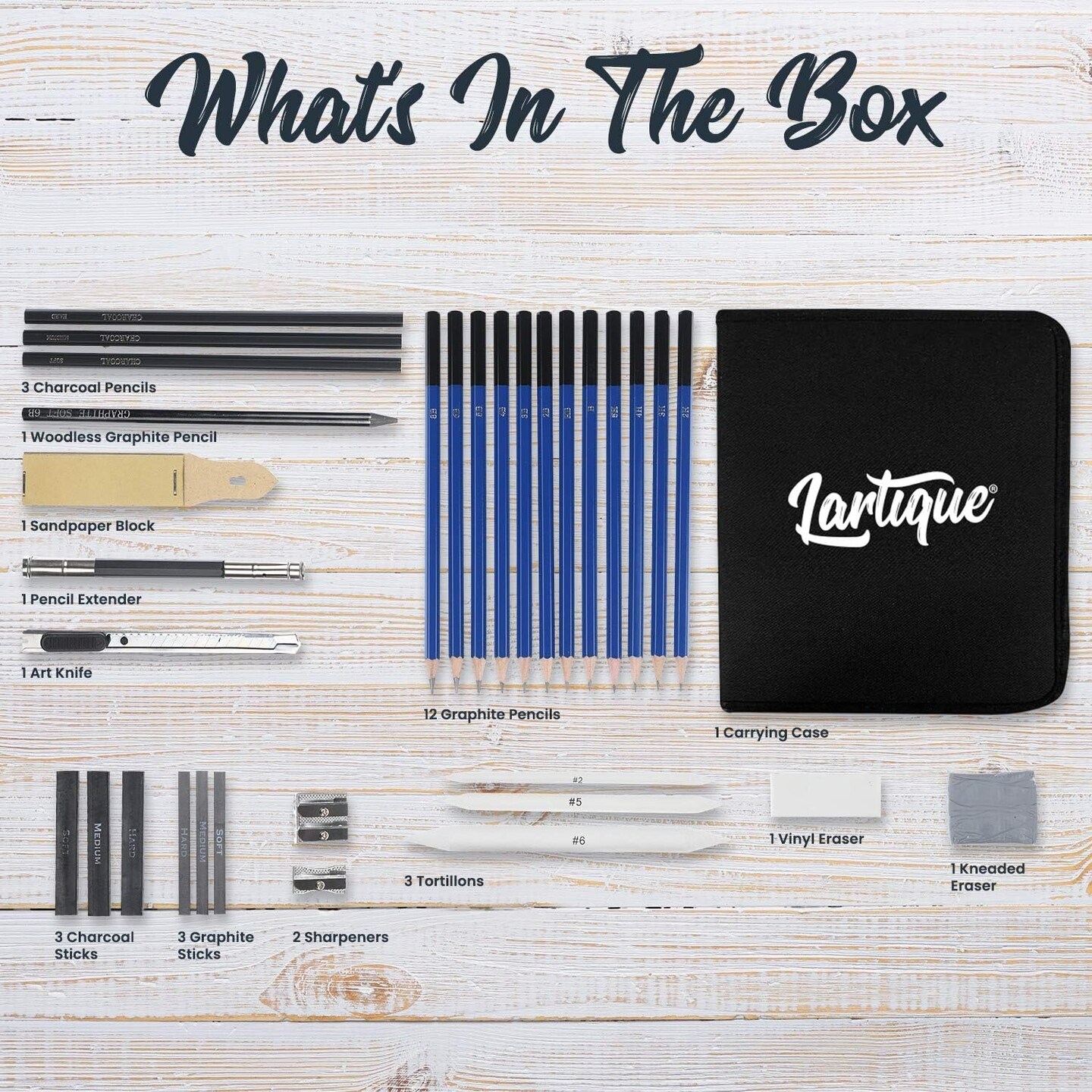 Lartique Art Supplies, 32 Piece Drawing Kit with Sketching Pencils and Drawing Supplies, for Artists