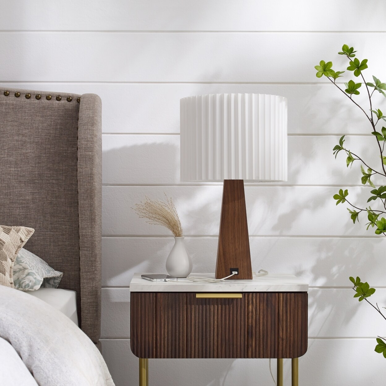 Inspired Home Kaylei Table Lamp - 5ft Power Cord USB Charger  Sturdy Wood Base Linen Shade  Rotary Switch