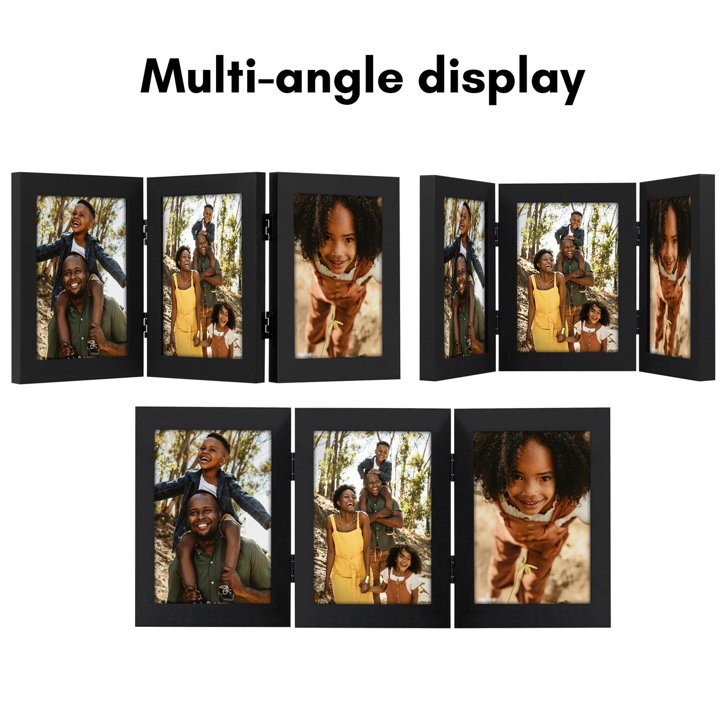 Americanflat 5x7 Tri-Folding Picture Frame - Displays Three Photos at Once - Triple Hinged Frames - Shatter Resistant Glass - Desk Display Picture Frame - Black