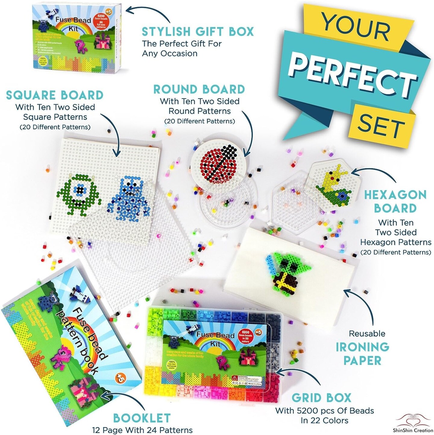 5200 5mm Fuse Beads kit for Kids 80 Patterns 3 Pegboards Tweezers Beads Kit Compatible Hama Beads Melty Beads Melting Beads Iron Beads Craft Beads Bulk Beados kit Storage