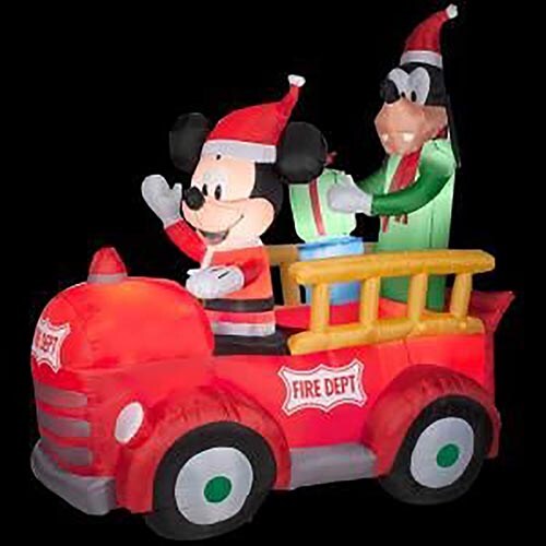 6&#x27; Gemmy Airblown Inflatable Disney Mickey Mouse And Goofy In Vintage Fire Truck 87931