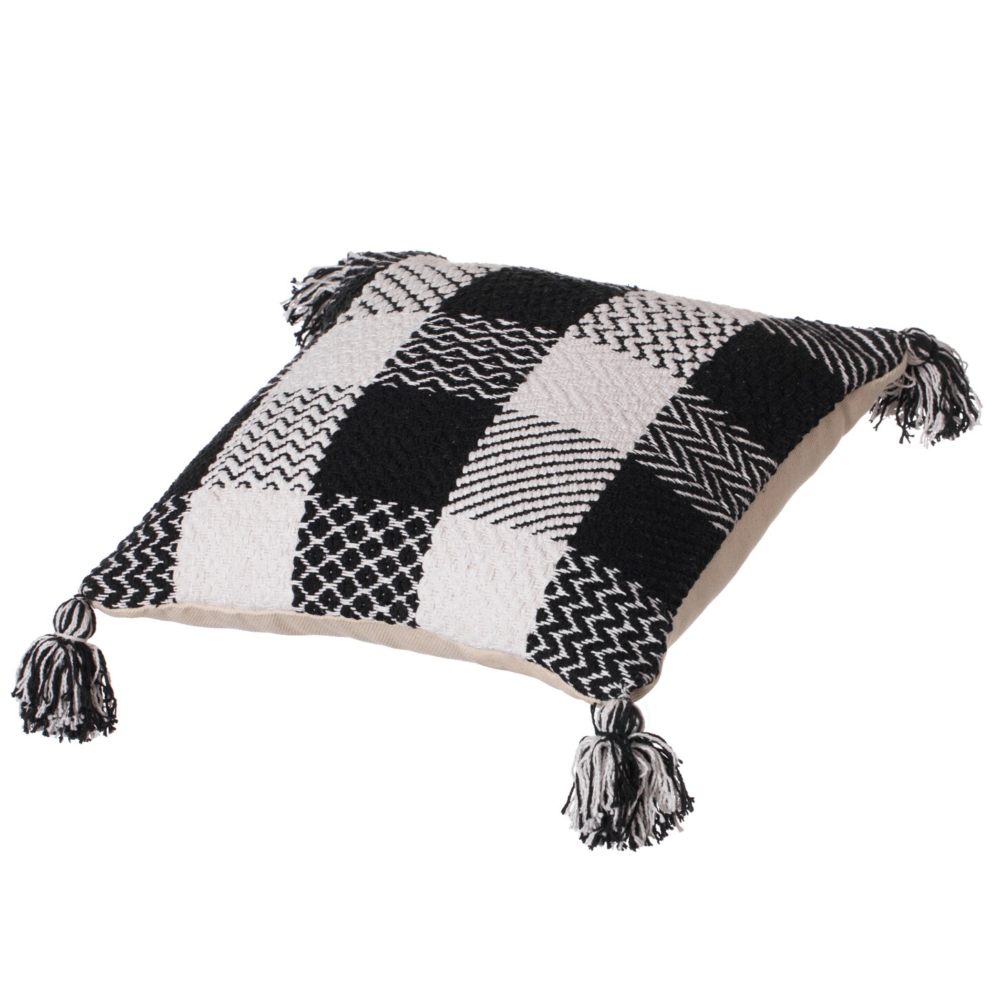 16&#x22; Handwoven Cotton Throw Pillow Cover Chevron &#x26; Gingham Design Black &#x26; White