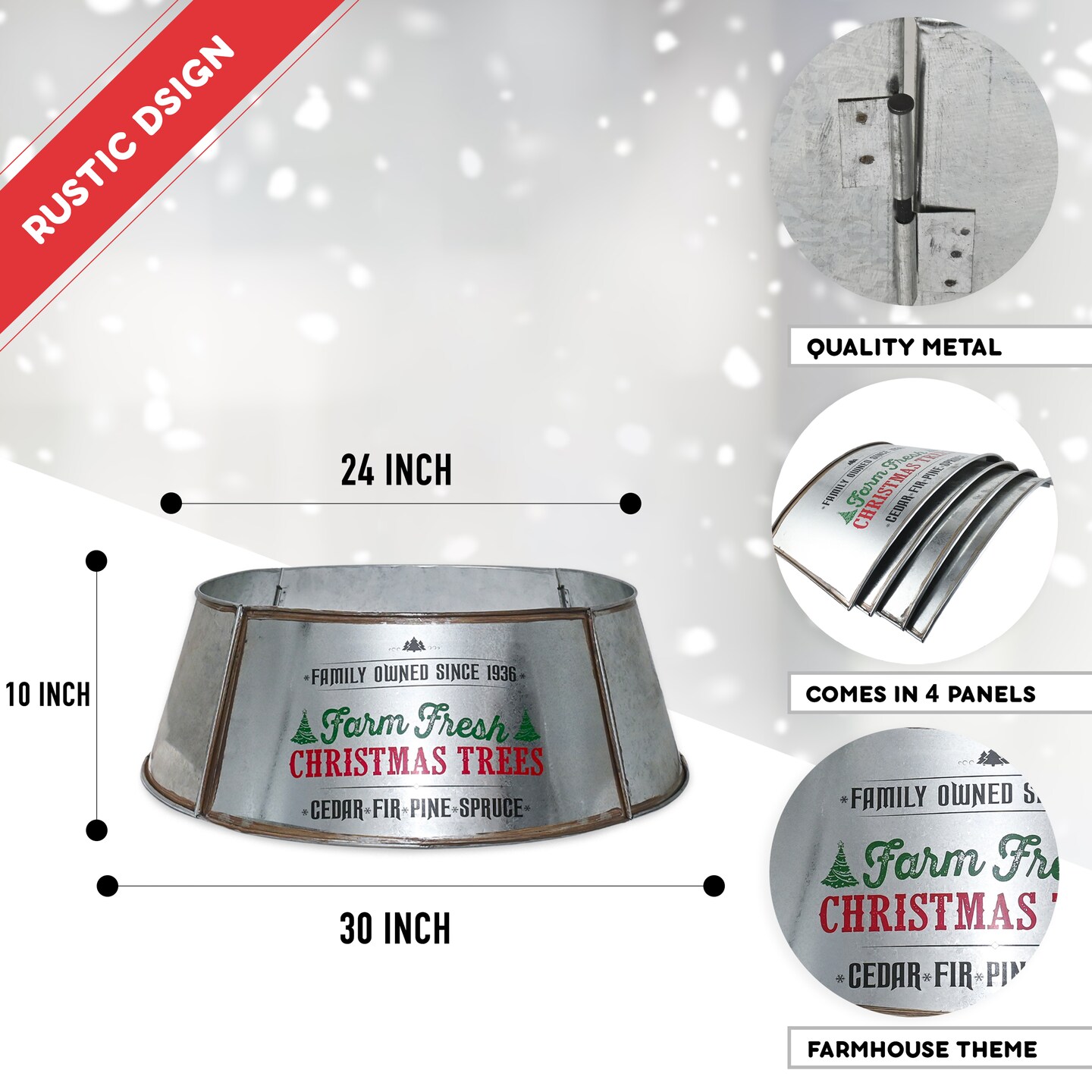 Ornativity Metal Christmas Tree Collar - 24" Galvanized Tin Metal Rustic Bucket Base Skirt for Xmas Holiday Tree Bottom