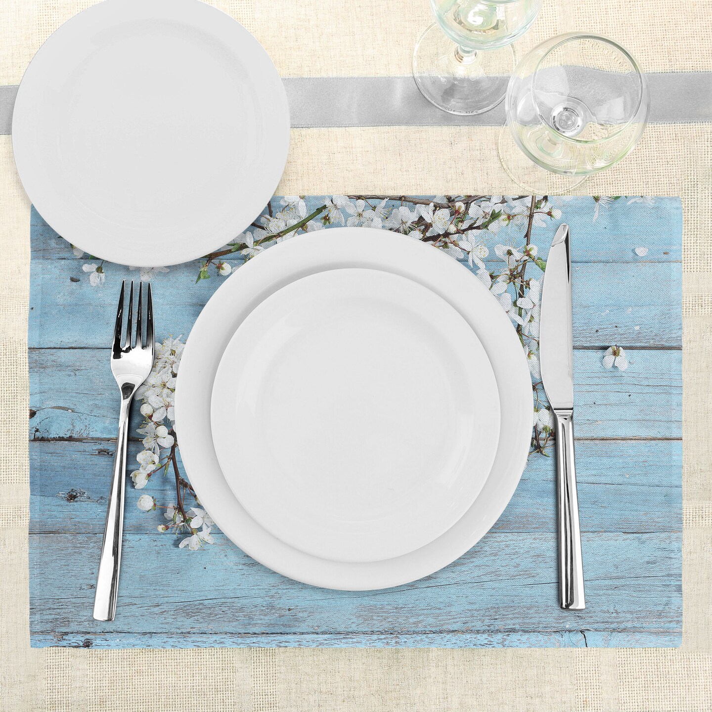 Ambesonne Rustic Place Mats Set of 4, Branch Blooming Warm Season Flowers on Wooden Fragility of Spring, Washable Fabric Placemats for Dining Table, Standard Size, White Pale Blue