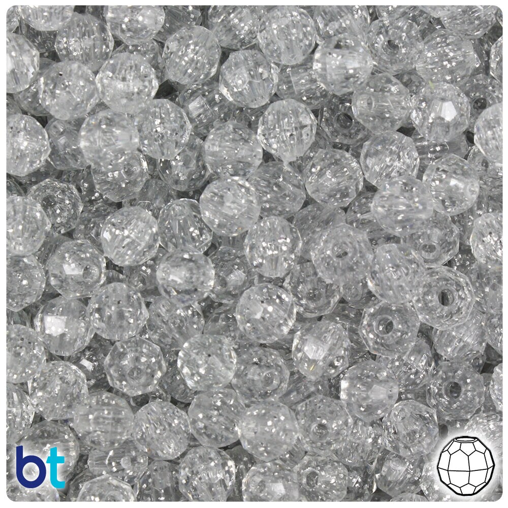 BeadTin Silver Sparkle 6mm Faceted Round Plastic Craft Beads (600pcs)