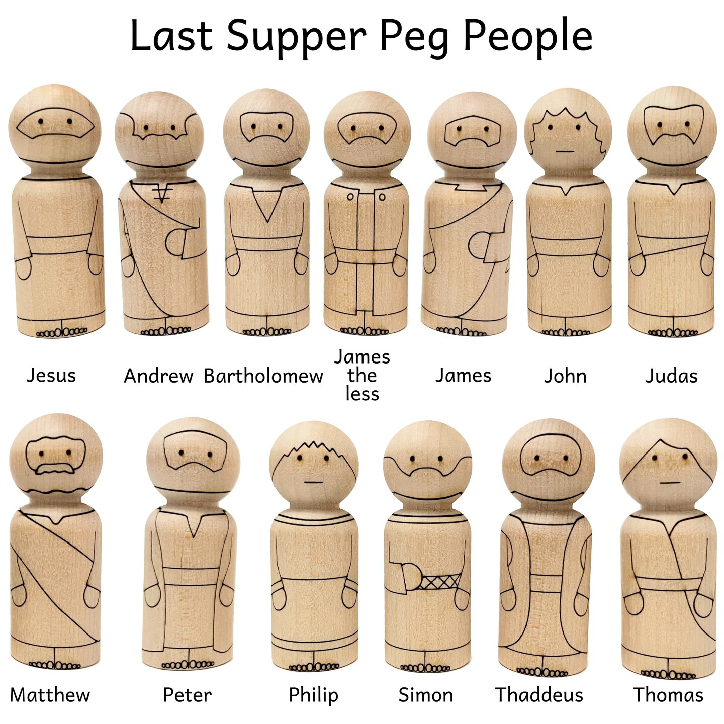 Last Supper Jesus and 12 Disciples Peg Doll Set by Pegsies&#x2122;