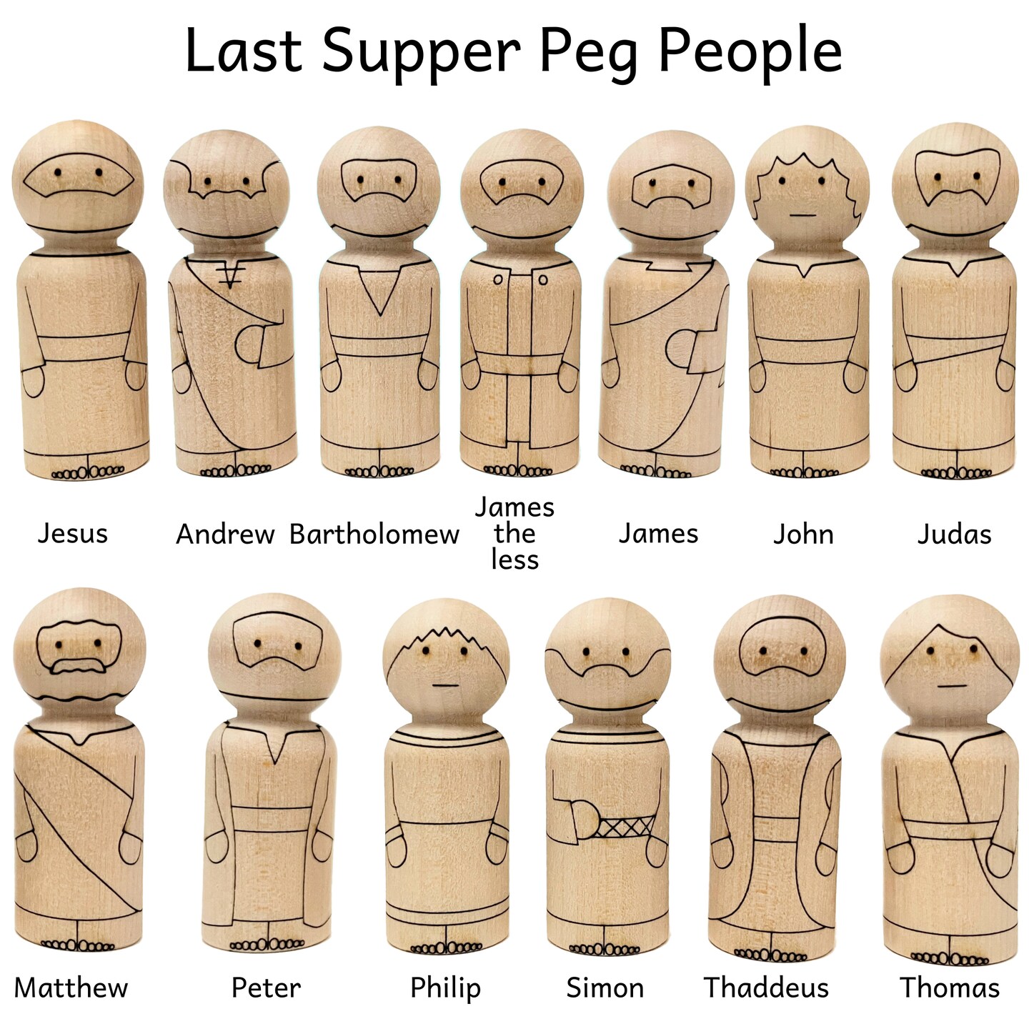 Last Supper Jesus and 12 Disciples Peg Doll Set by Pegsies™