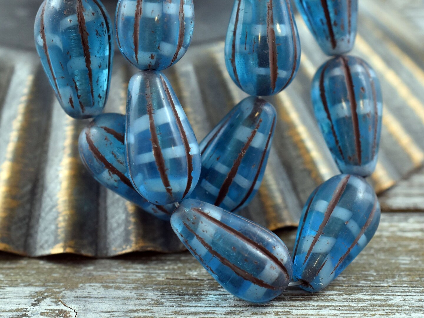 *6* 15x8mm Brown Washed Caribbean Blue Melon Drop Beads