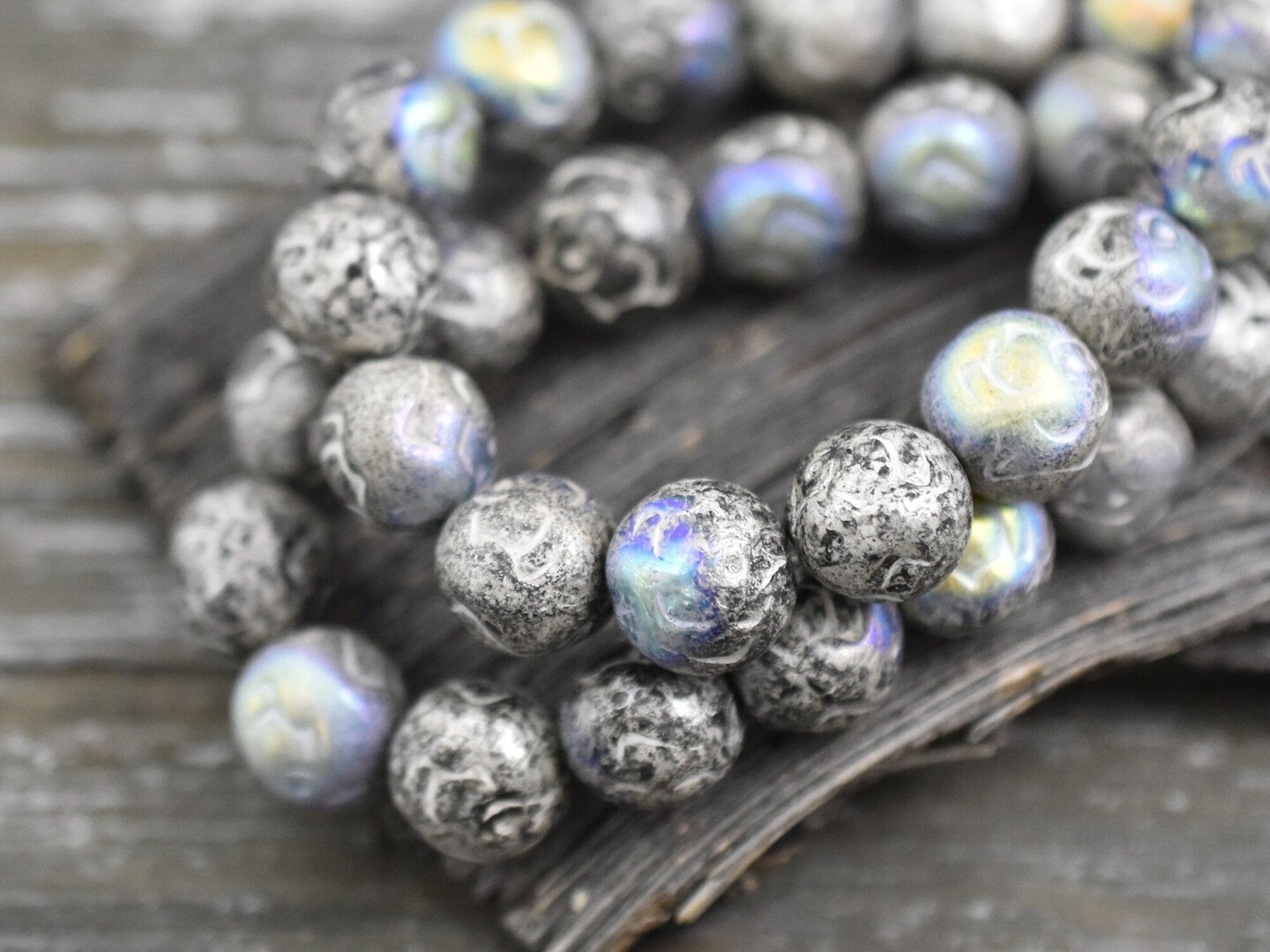 *15* 10mm Antique Silver Washed Jet Black AB Round Rose Beads