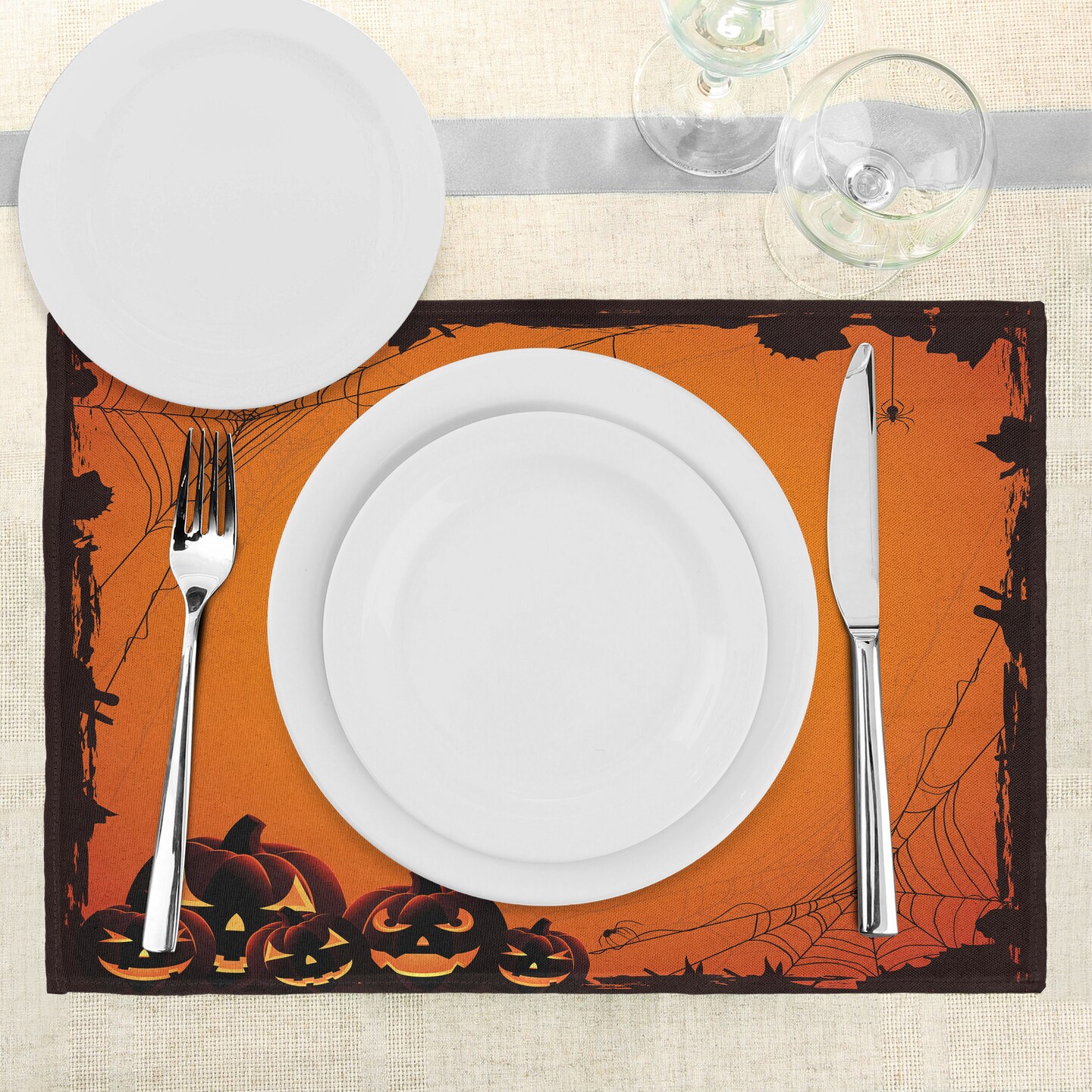 Ambesonne Halloween Place Mats Set of 4, Grunge Cartoon Jack O Lanterns Horror Time Of Year Trick Or Treat Print, Washable Fabric Placemats for Dining Table, Standard Size, Seal Brown Orange