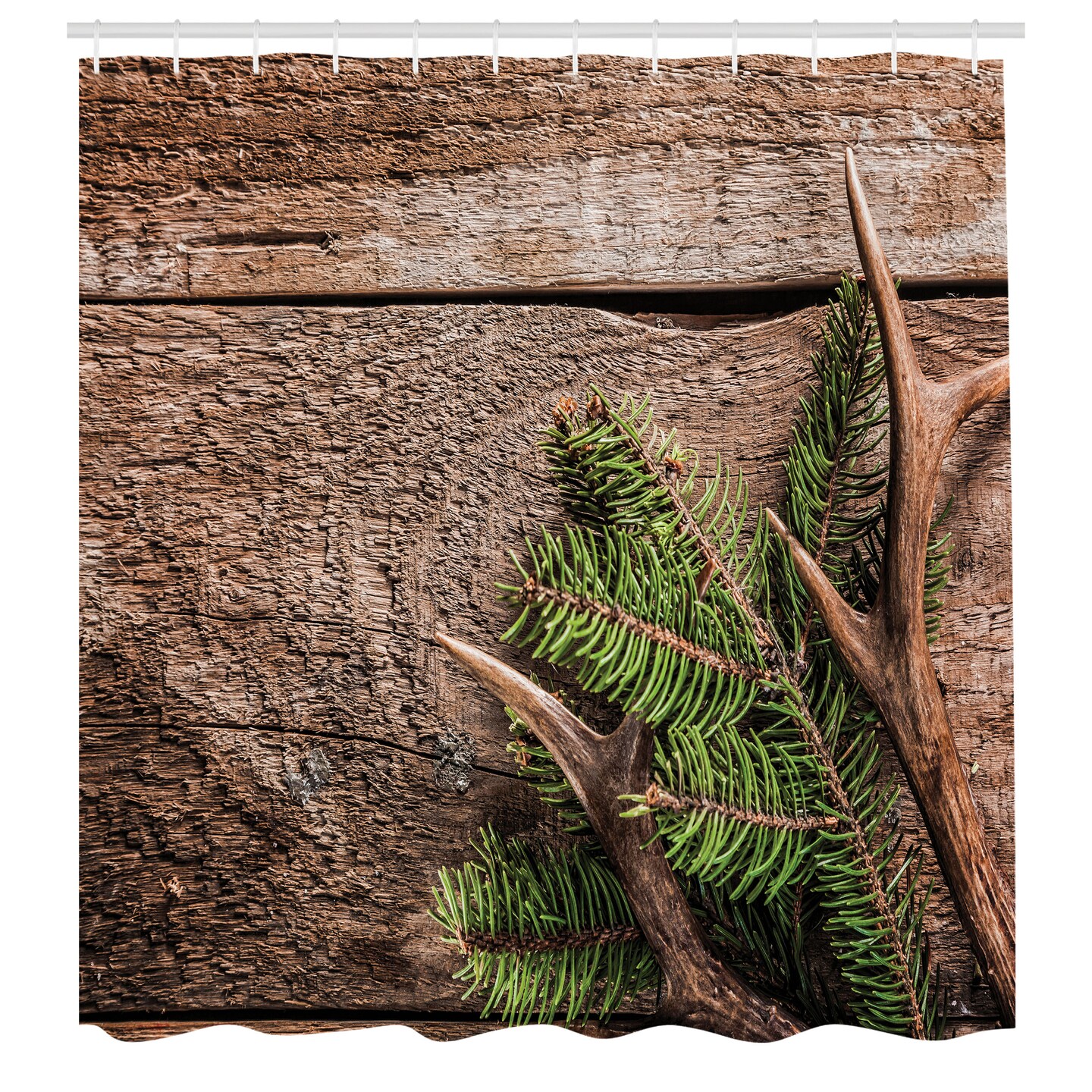 Ambesonne Antlers Shower Curtain, Evergreen Branch Deer Antler Against Rustic Wooden Background Print, Cloth Fabric Bathroom Decor Set with Hooks, 69&#x22; W x 84&#x22; L, Fern Green Umber