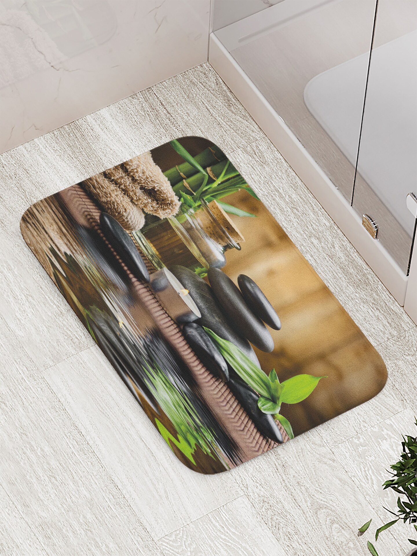 Ambesonne Spa Bath Mat, Massage Stone Triplets Herbal Oil and Scent Candles Print, Plush Bathroom Decor Mat with Non Slip Backing, 29.5&#x22; X 17.5&#x22;, Black Brown