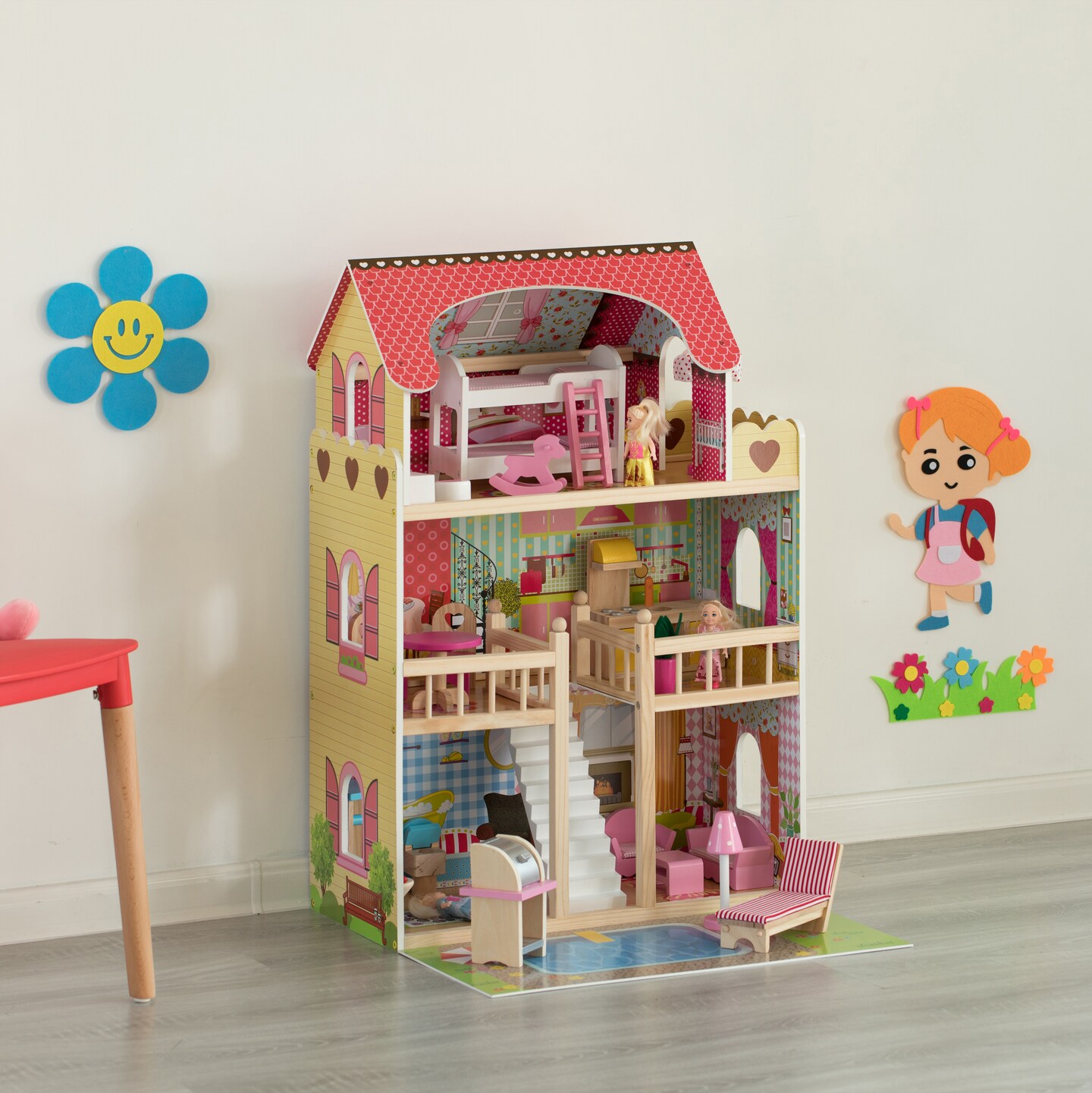 Wooden Doll House with Toys and Furniture Accessories with LED light for Ages 3+