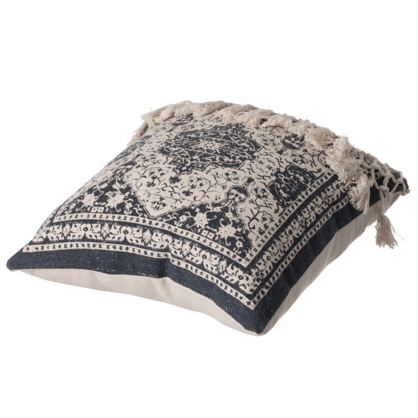 16" Handwoven Cotton Throw Pillow Cover with Traditional Pattern and Tasseled Top