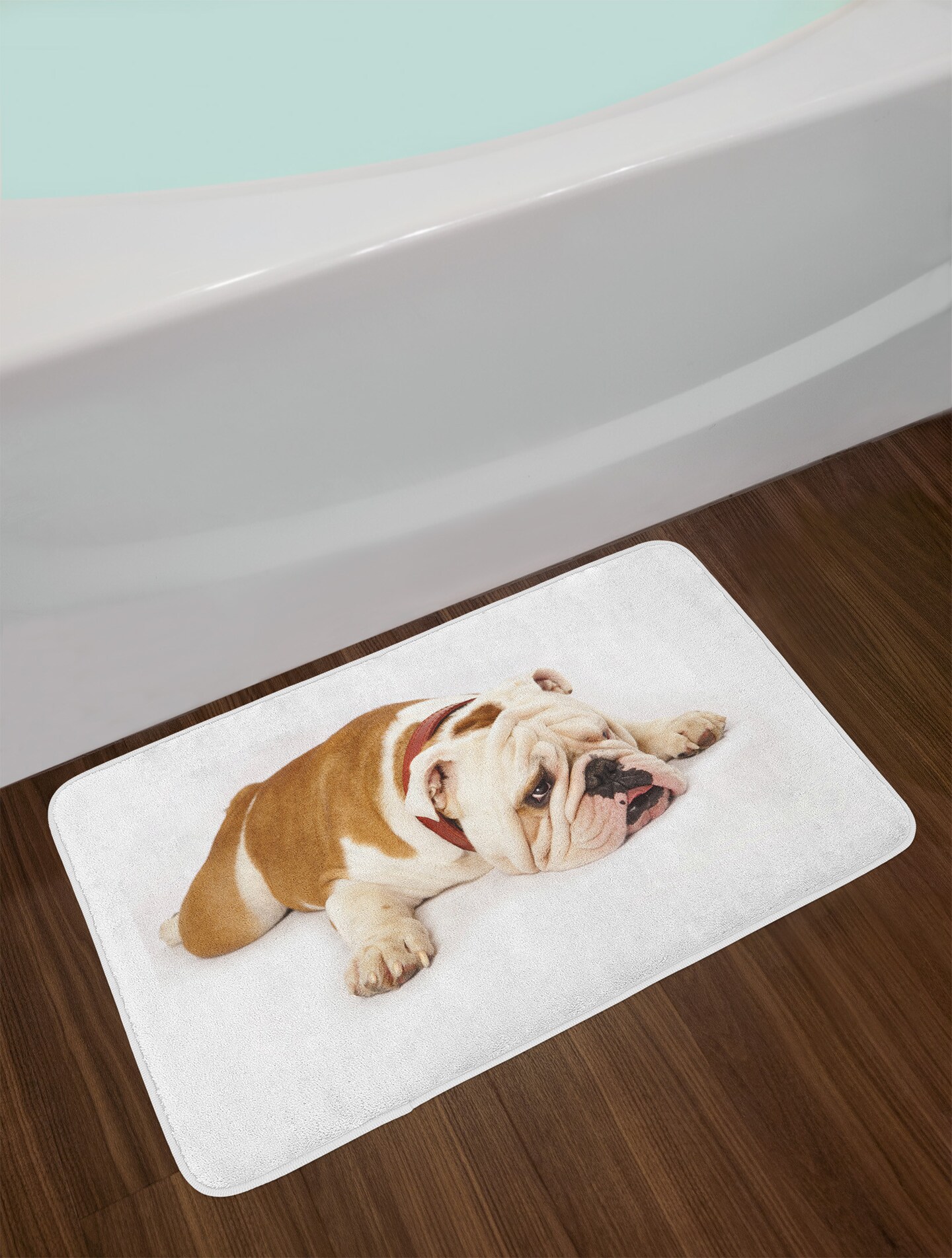Ambesonne English Bulldog Bath Mat, Sad and Tired Bulldog Laying Down European Pure Breed Animal Photography, Plush Bathroom Decor Mat with Non Slip Backing, 29.5&#x22; X 17.5&#x22;, Brown Cream