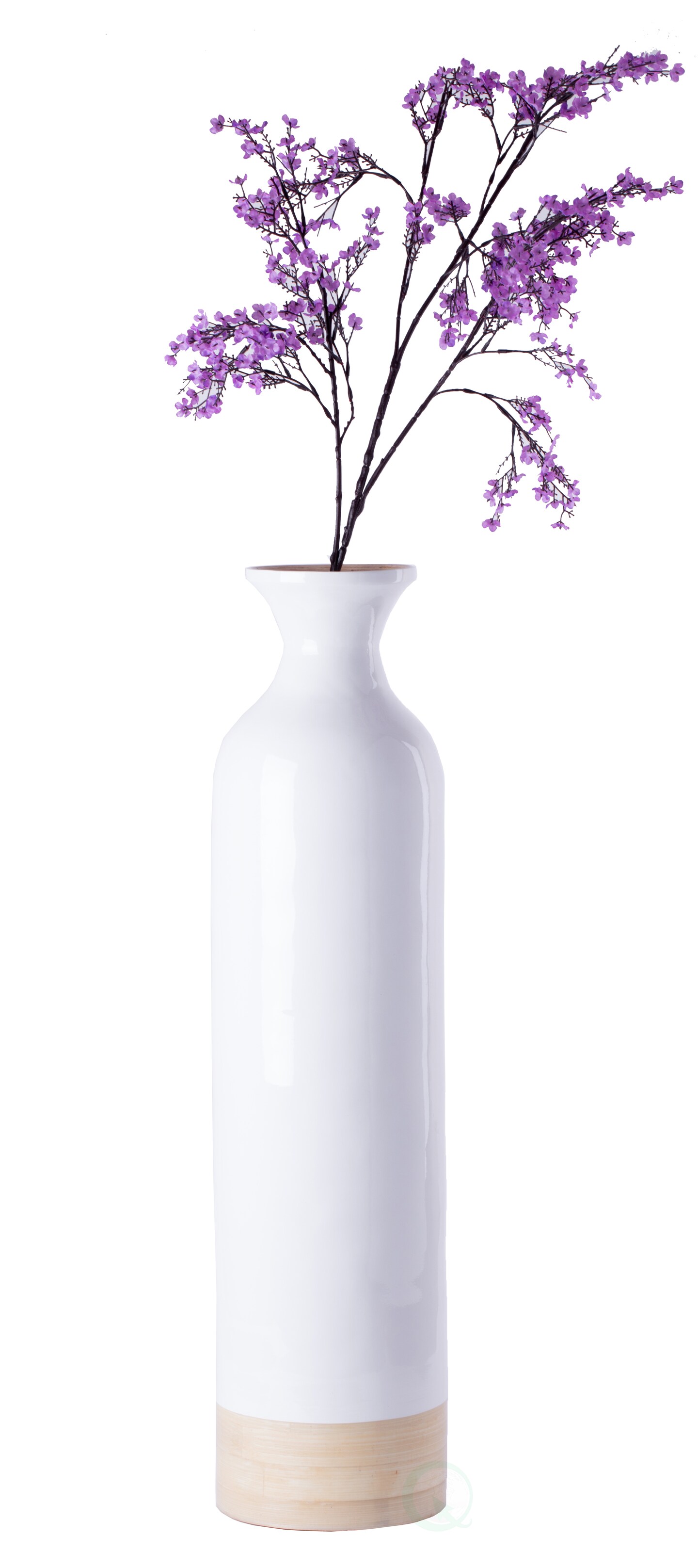 Elegant Black or White Cylinder Shaped Tall Spun Bamboo Floor Vases, Embellished with a Glossy Lacquer, and Enhanced with Natural Bamboo Finish - Stylish Home Decor, Heights of 31 and 23.5 Inches