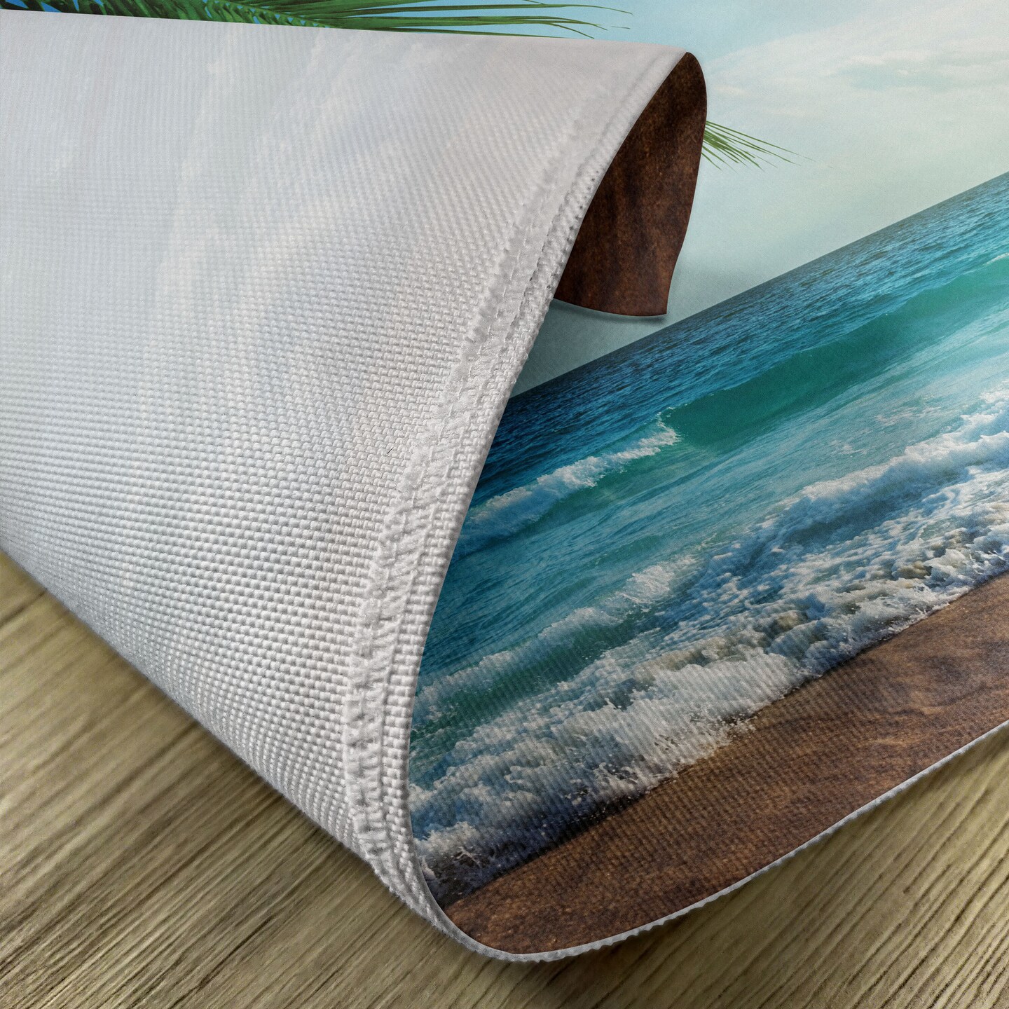 Ambesonne Ocean Place Mats Set of 4, Palms Tropical Island Beach Maldives Photography Home Postcard Traveler Explorer, Washable Fabric Placemats for Dining Table, Standard Size, Green and Blue
