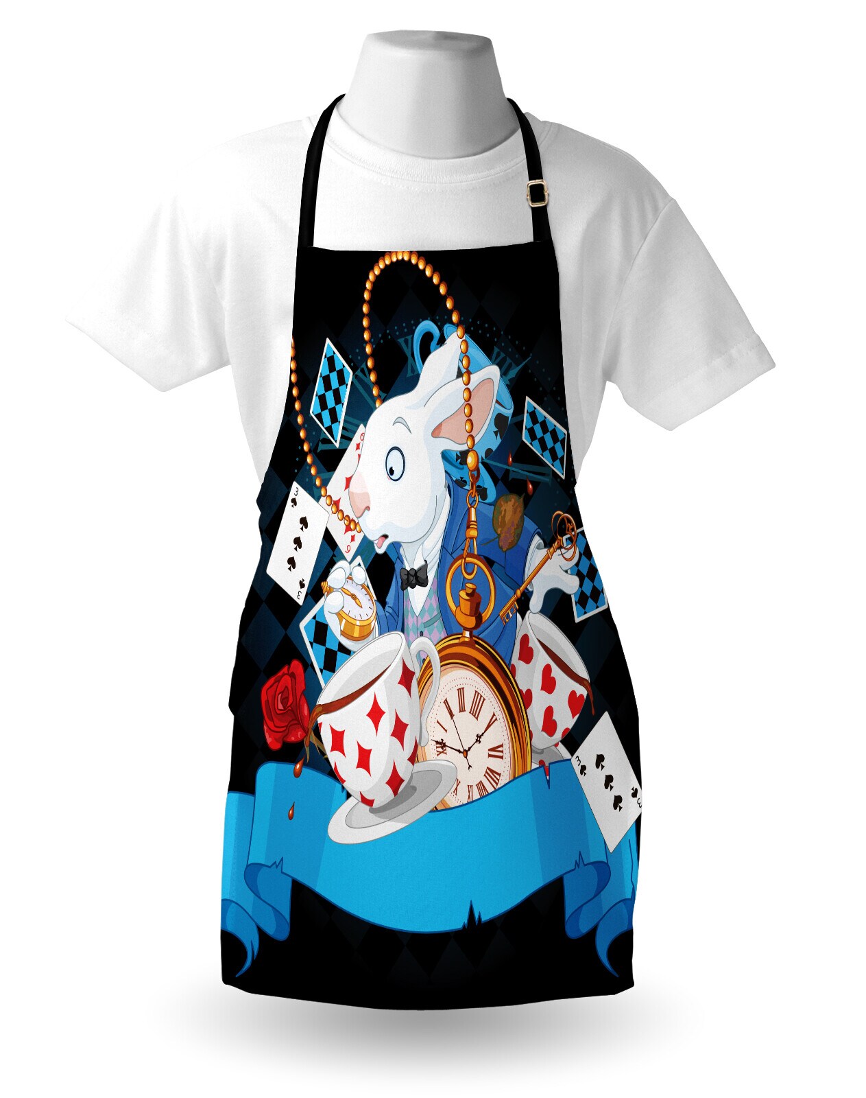 Ambesonne Alice in Wonderland Apron, Rabbit Motion Cups Hearts and Flower Character Alice Cartoon Style, Unisex Kitchen Bib with Adjustable Neck for Cooking Gardening, Adult Size, Multicolor
