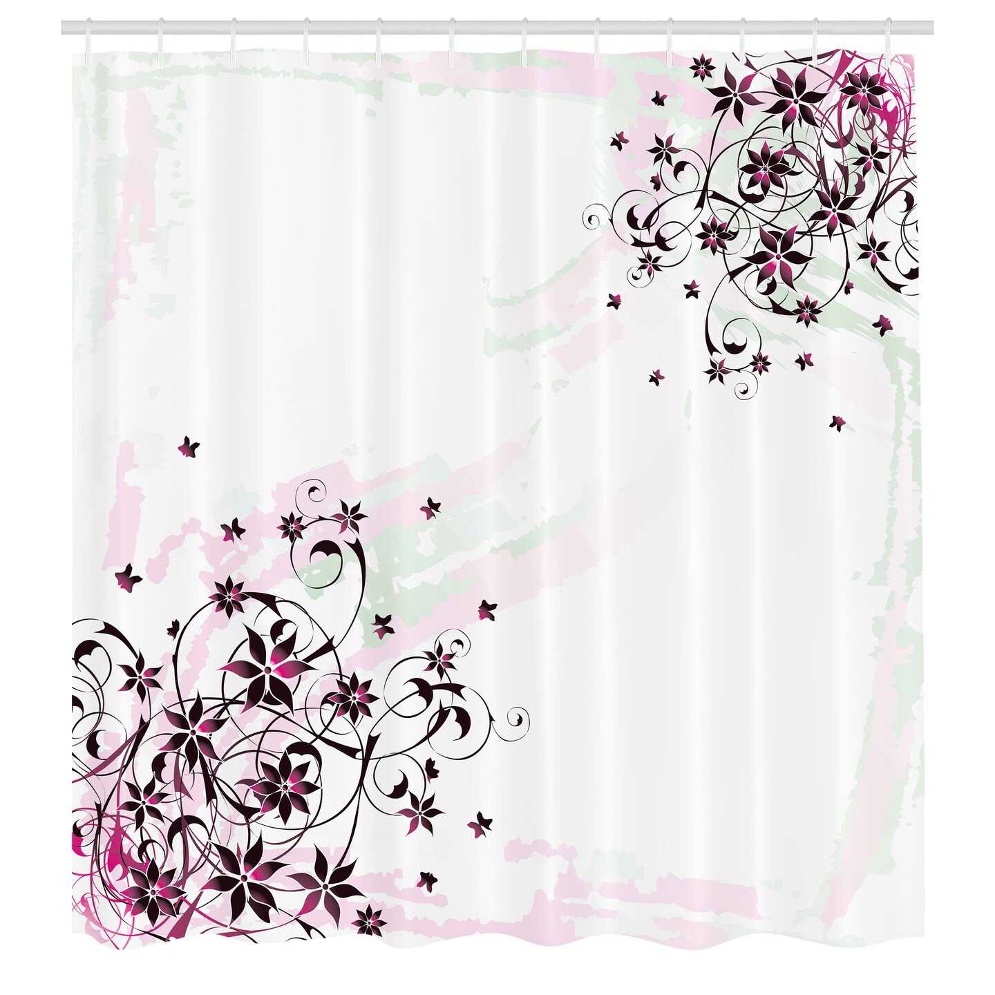 Ambesonne Floral Shower Curtain, Grunge Flower Motif with Swirled Leaves Florets Paintbrush Illustration, Cloth Fabric Bathroom Decor Set with Hooks, 69" W x 70" L, Black Pale Pink Mint