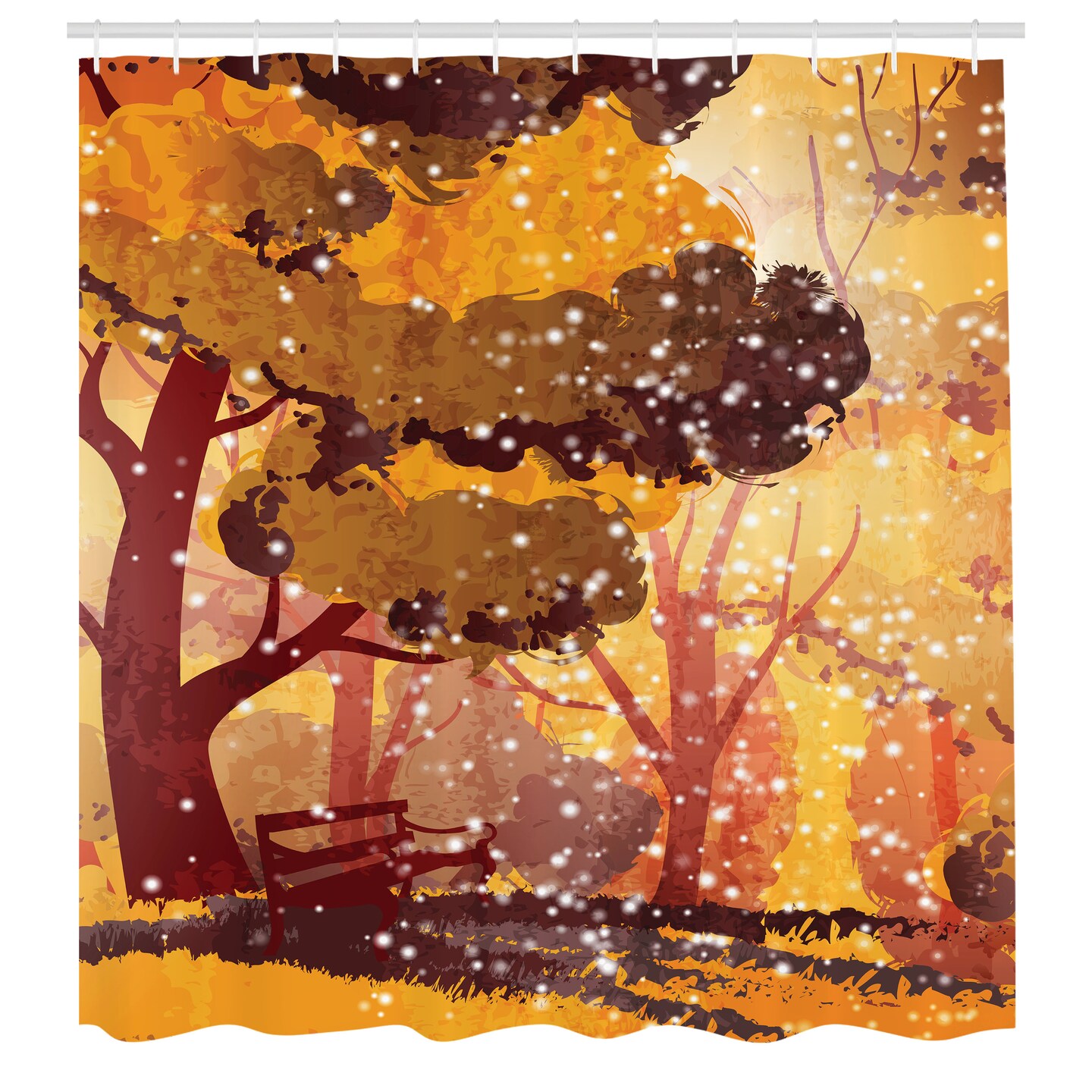 Ambesonne Nature Shower Curtain, Digital Illustration of Abstract Scene Trees and Bench with Winter Snowfall, Cloth Fabric Bathroom Decor Set with Hooks, 69" W x 70" L, Maroon Orange