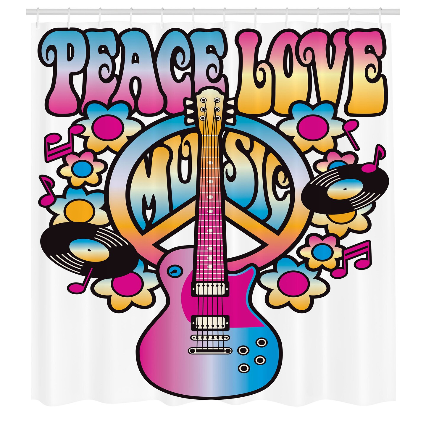 Ambesonne Groovy Shower Curtain, Peace Love Music Text Guitar Records Flowers Musical Notes Illustration, Cloth Fabric Bathroom Decor Set with Hooks, 69&#x22; W x 84&#x22; L, Blue Pink