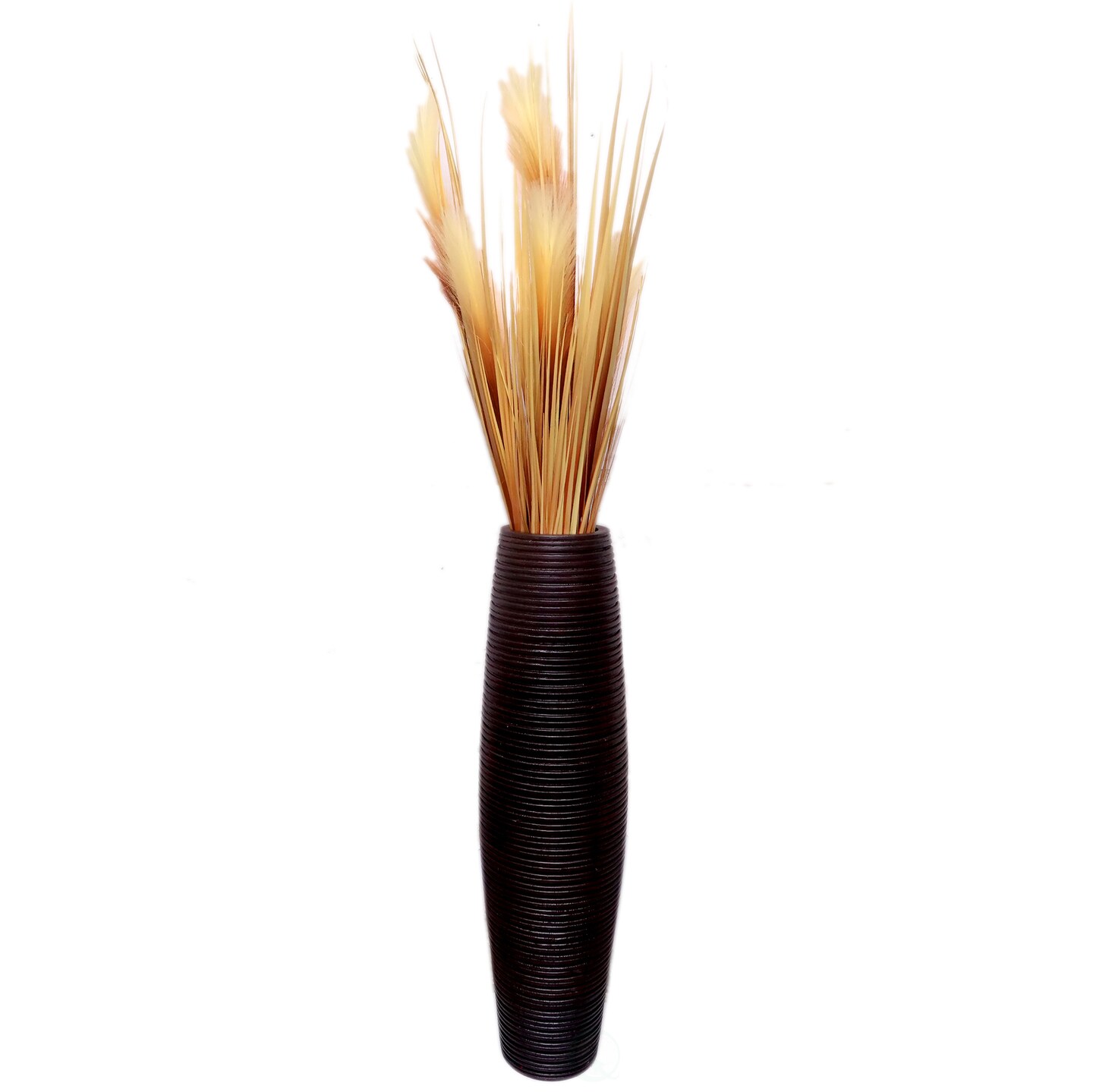 Brown Decorative Contemporary Mango Wood Ribbed Design Round Vase