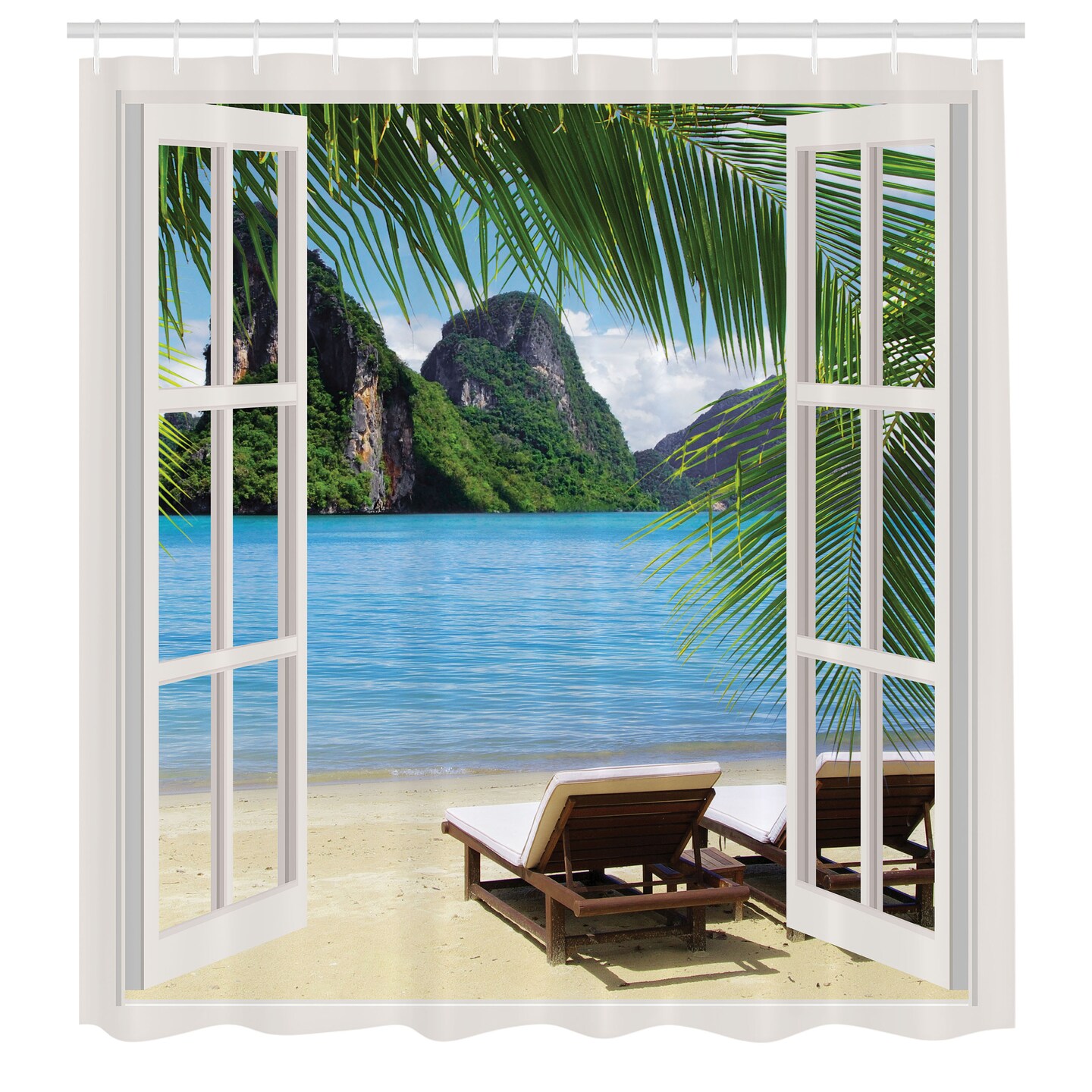 Ambesonne Nautical Home Shower Curtain, Ocean Beach Sailing Sun Beds Summer Picture a Tropical Island, Cloth Fabric for Sailor Themed Bathroom Decor Set with Hooks, 69&#x22; W x 70&#x22; L, Blue Green and White