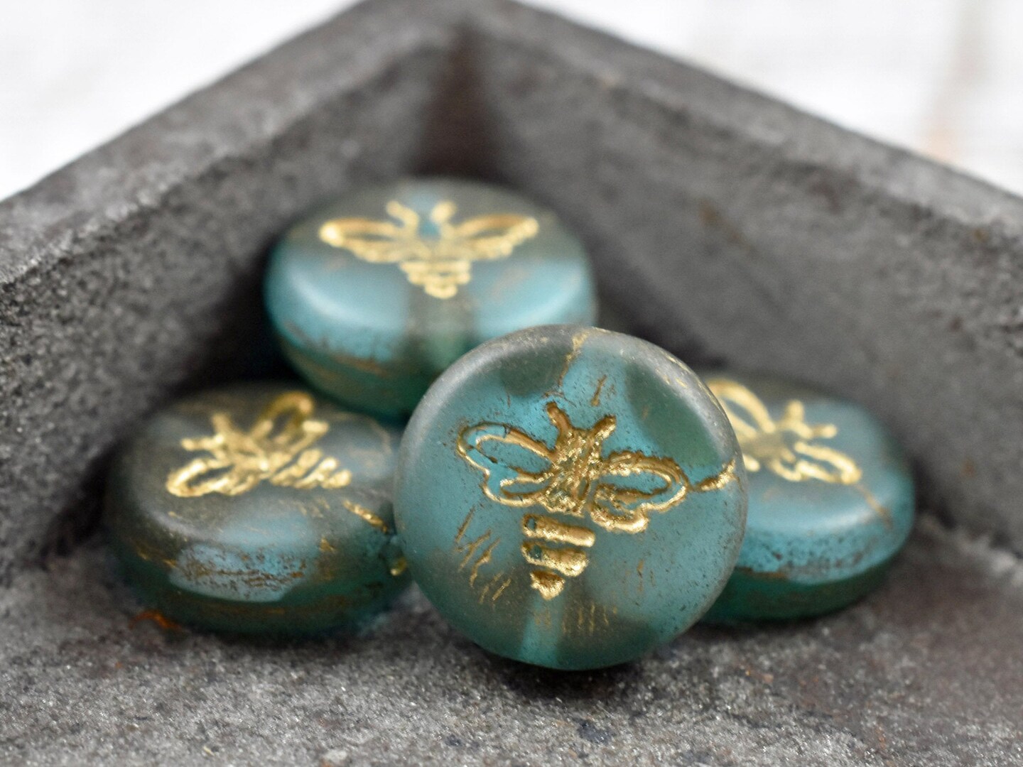 *6* 12mm Gold Washed Matte White Core Green Aqua Bee Coin Beads