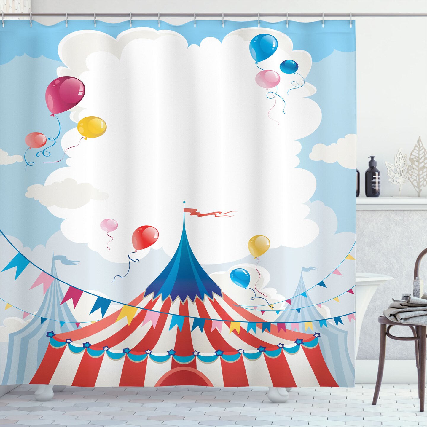 Ambesonne Circus Shower Curtain, Circus Day Canvas Tents Stratus Cloudy Summer Entertainment Season Theme, Cloth Fabric Bathroom Decor Set with Hooks, 69&#x22; W x 75&#x22; L, Multicolor