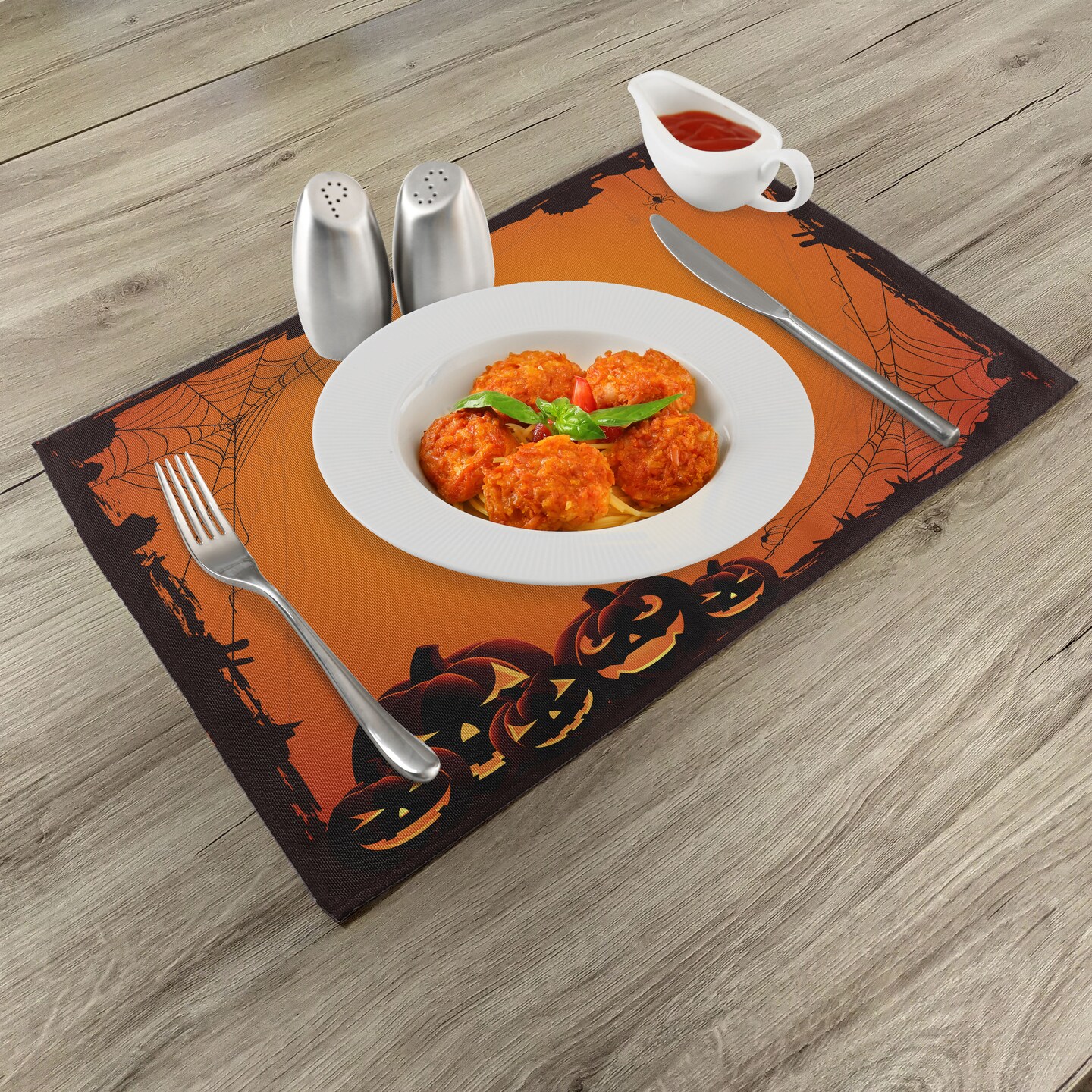 Ambesonne Halloween Place Mats Set of 4, Grunge Cartoon Jack O Lanterns Horror Time Of Year Trick Or Treat Print, Washable Fabric Placemats for Dining Table, Standard Size, Seal Brown Orange