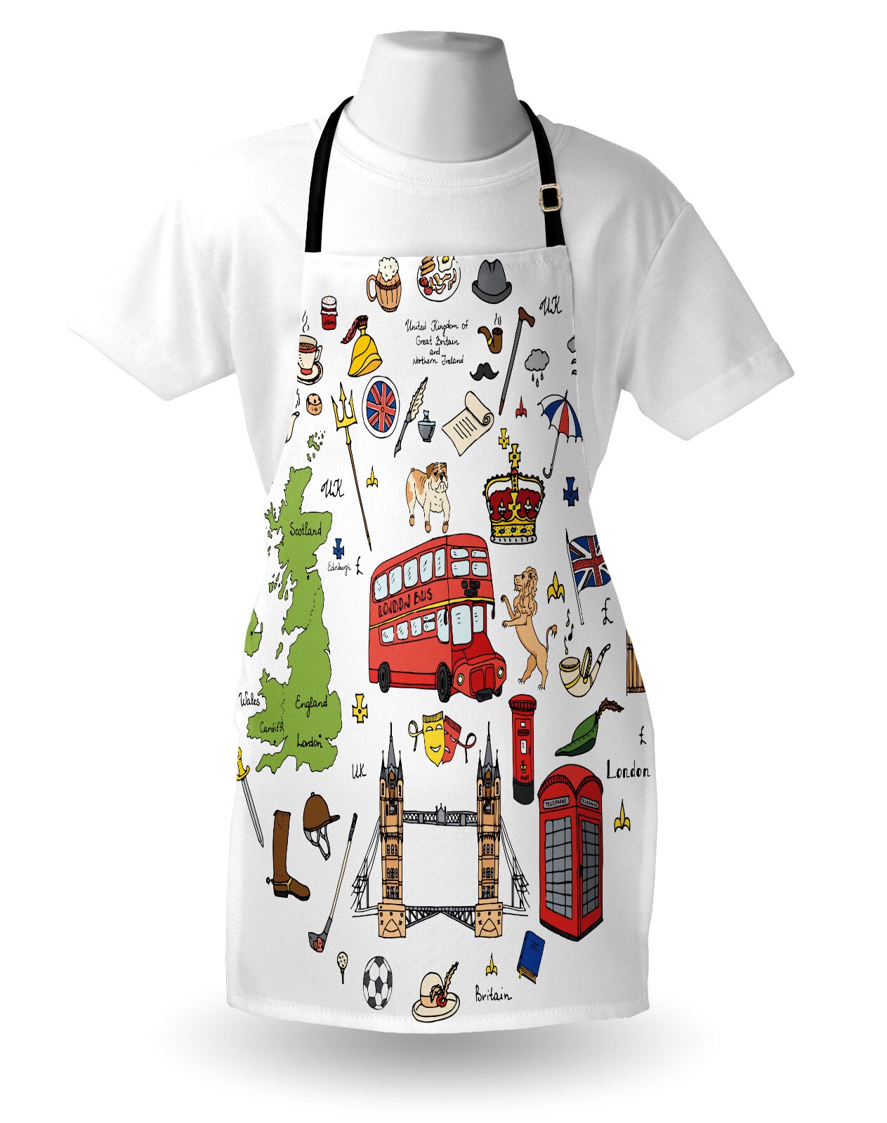 Ambesonne Travel Apron, Hand Drawn Famous Tourist Places Big Ben London UK British Monuments Illustration, Unisex Kitchen Bib with Adjustable Neck for Cooking Gardening, Adult Size, Multicolor