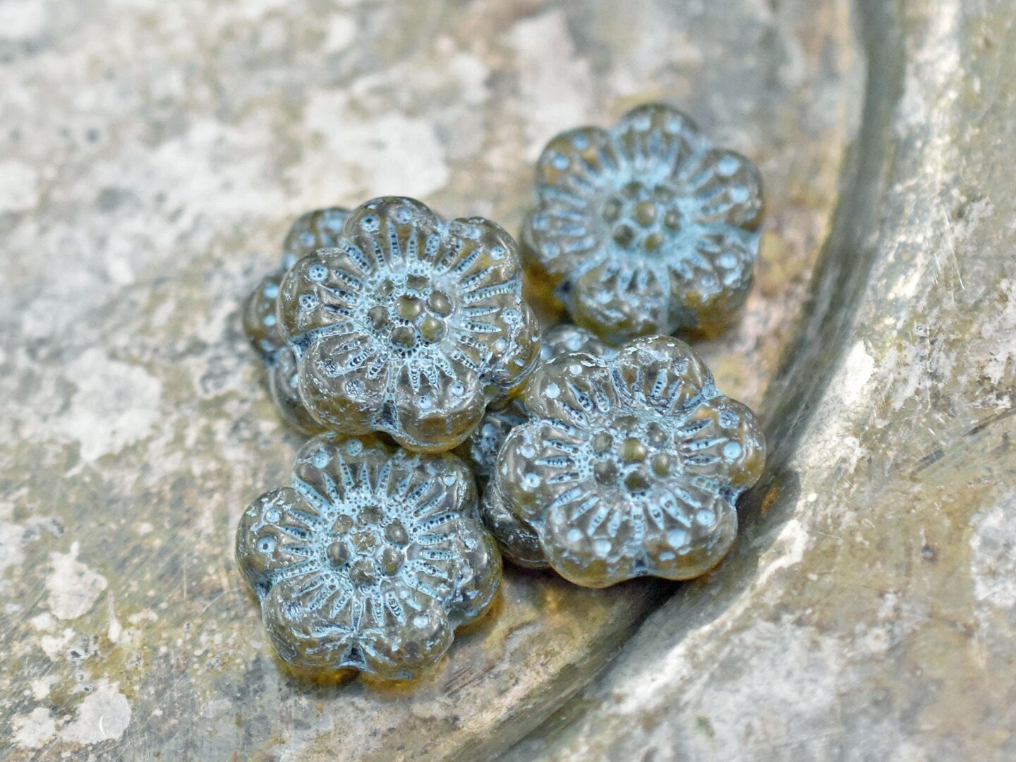 *6* 14mm Turquoise Washed Pale Topaz Wildflower Beads