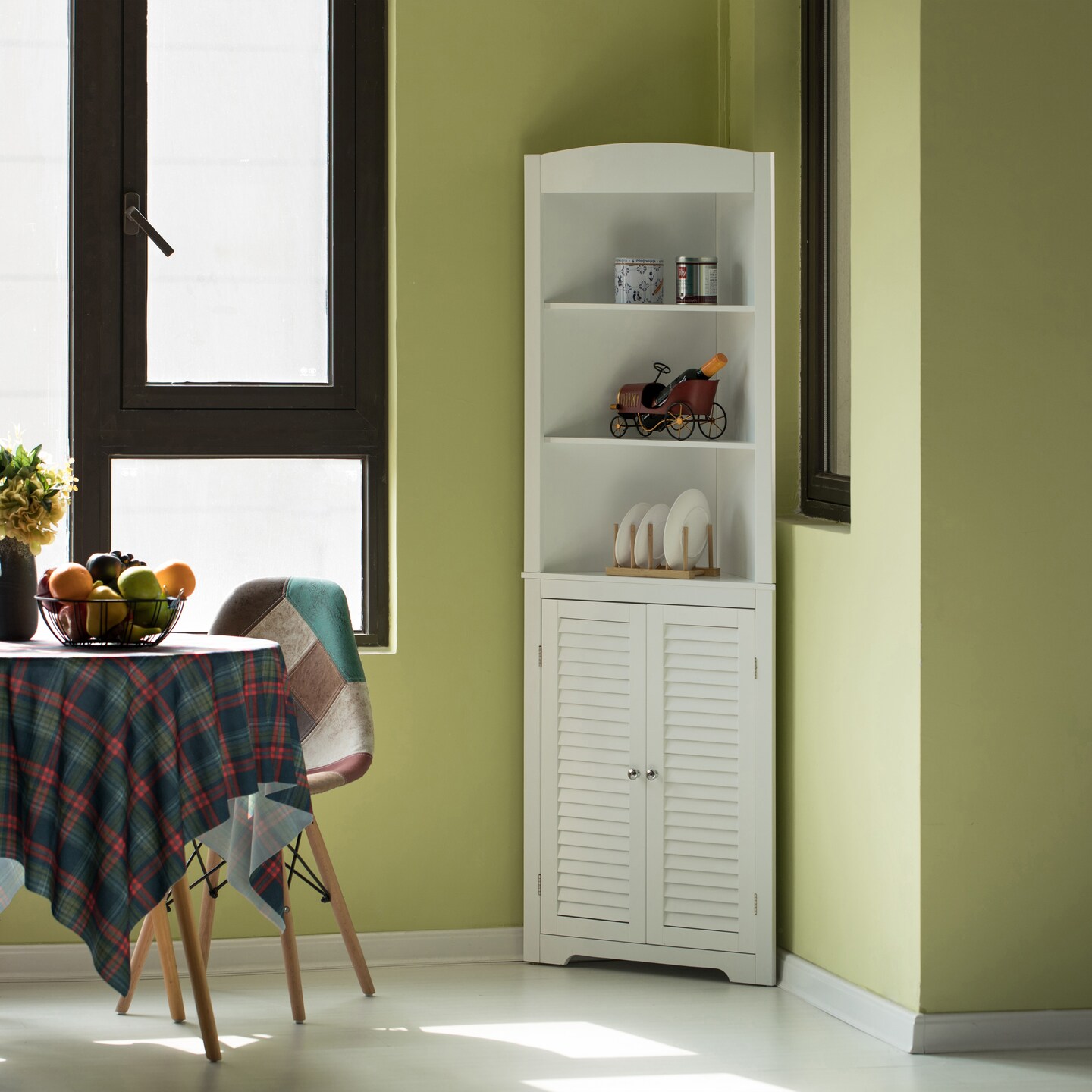 White Standing Storage Corner Cabinet Organizer with 3 Open Shelf and Double Shutter Doors