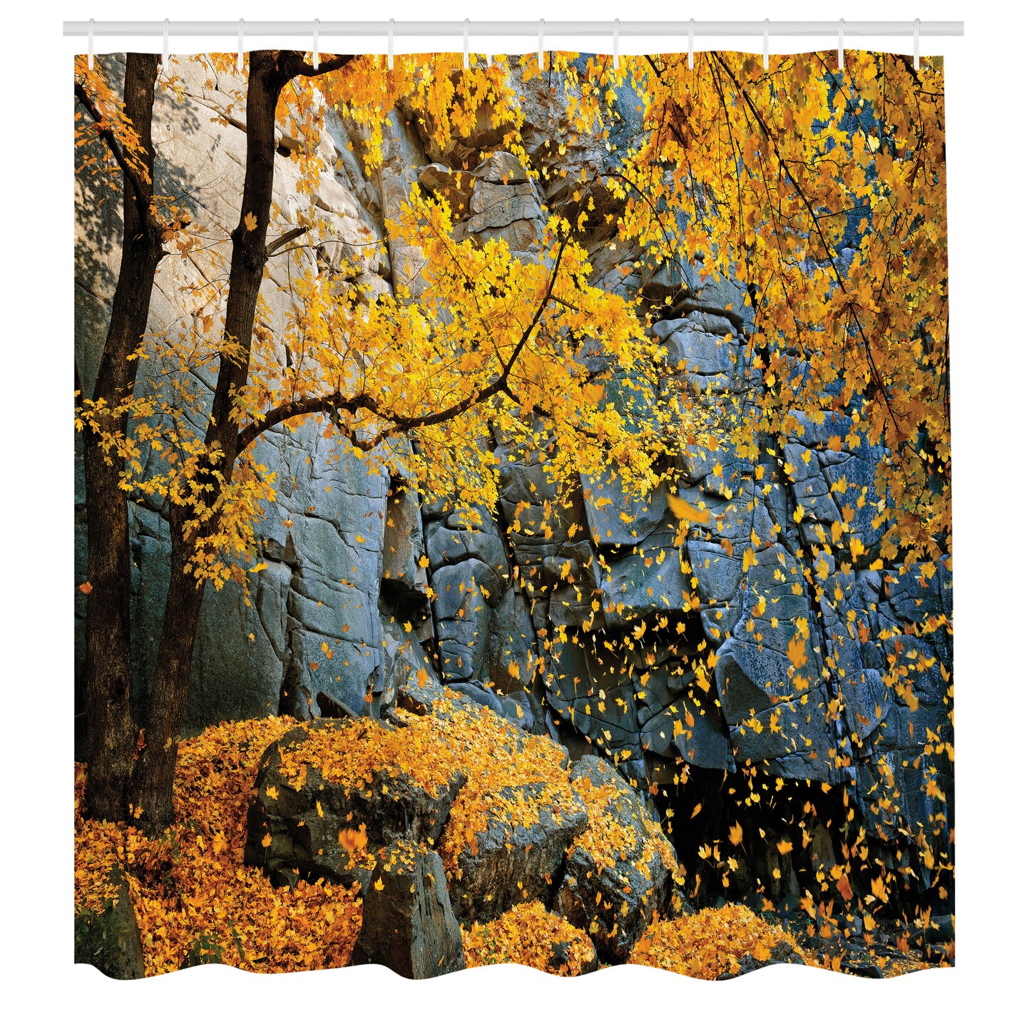 Ambesonne Leaves Shower Curtain, Canadian Maple Trees Falling Leaves Down Surrounded by Scenic Rocks Stones Foliage, Cloth Fabric Bathroom Decor Set with Hooks, 69&#x22; W x 84&#x22; L, Grey Orange