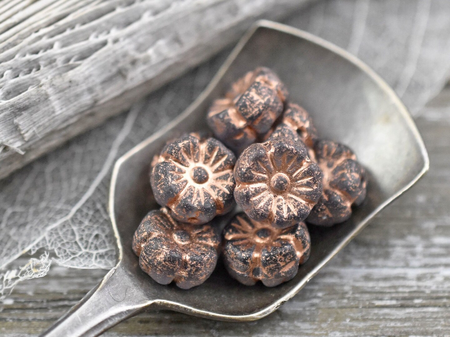 *16* 9mm Copper Washed Etched Translucent Grey Hawaiian Flower Beads