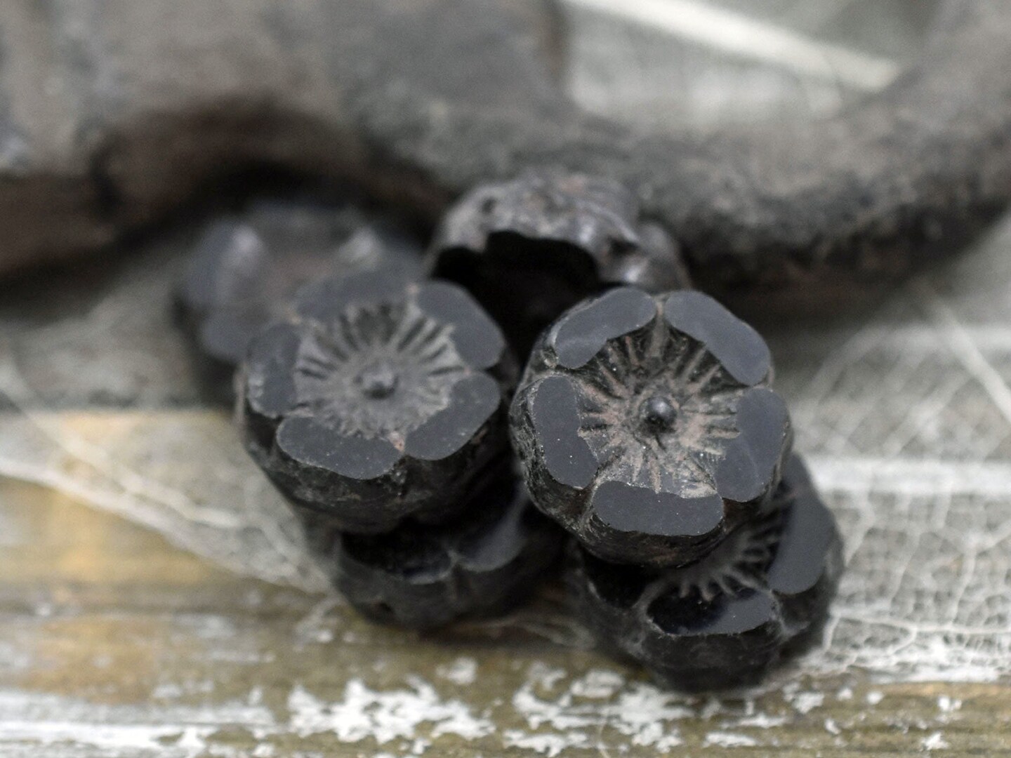 *11* 12mm Antiqued Jet Black Hawaiian Flower Beads -- LAST PACK