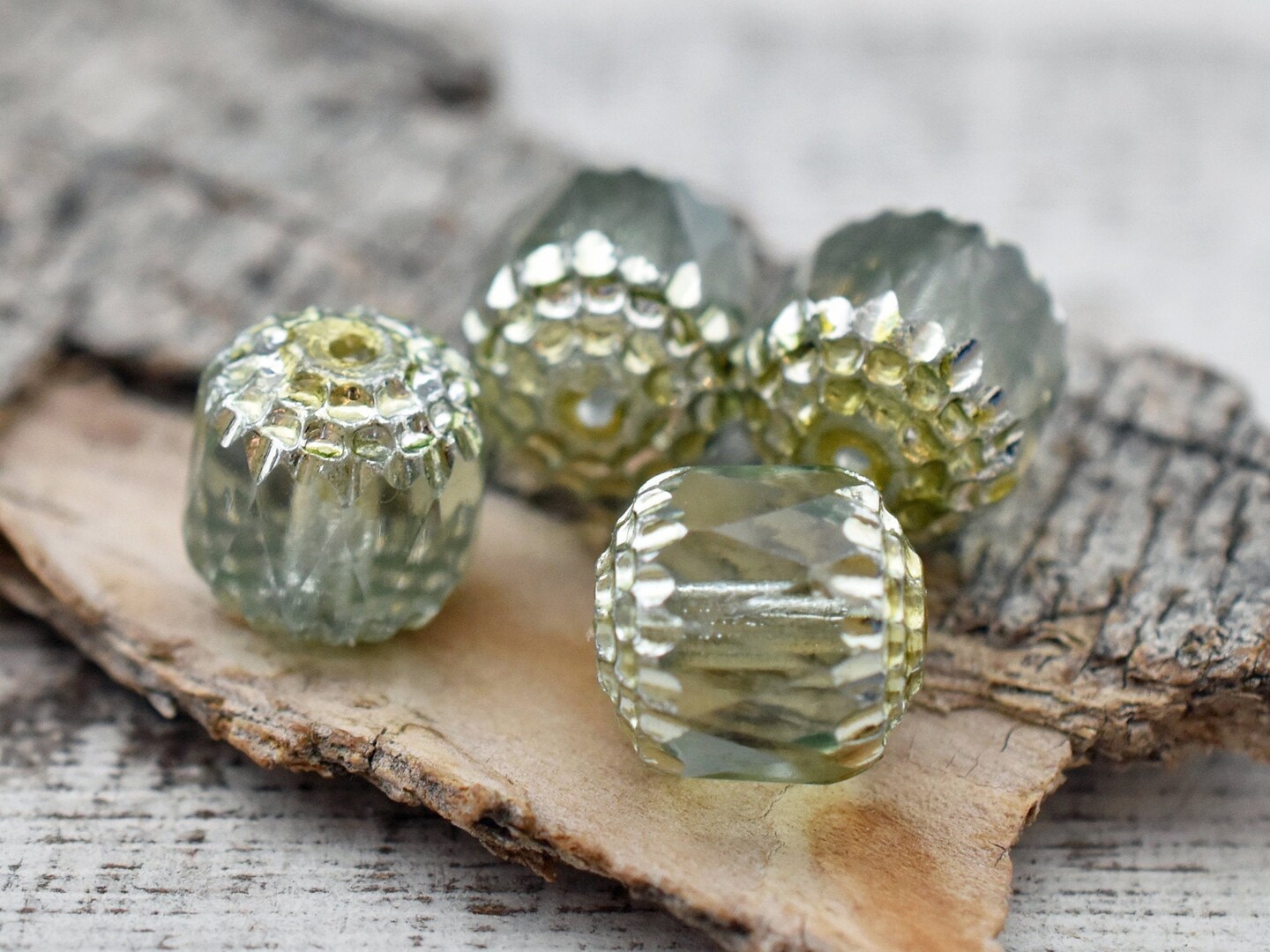 *6* 10mm Silver Washed Celadon Green Fire Polished Cathedral Beads