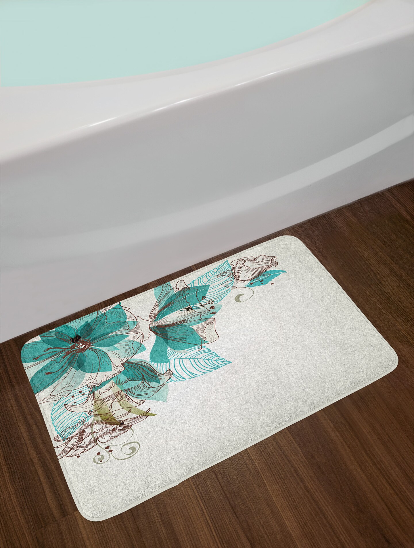 Ambesonne Turquoise Bath Mat, Flowers Buds Leaf at The top Left Corner Season Celebrating Theme, Plush Bathroom Decor Mat with Non Slip Backing, 29.5&#x22; X 17.5&#x22;, Teal Green